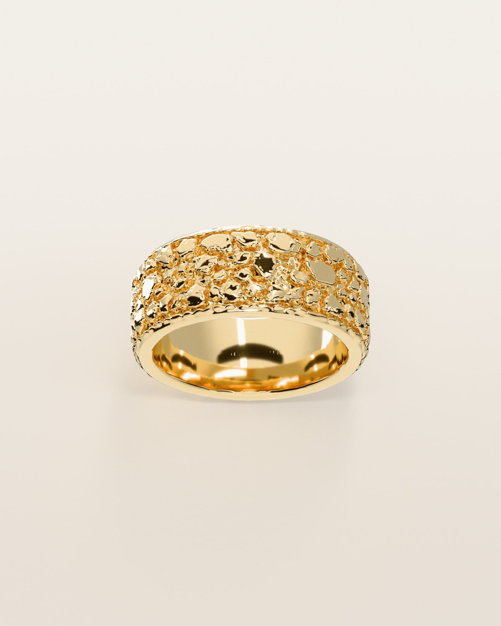 No. 508 Placer nugget ring, the nugget pattern, face on, 14K yellow gold, rendered from the production 3D file