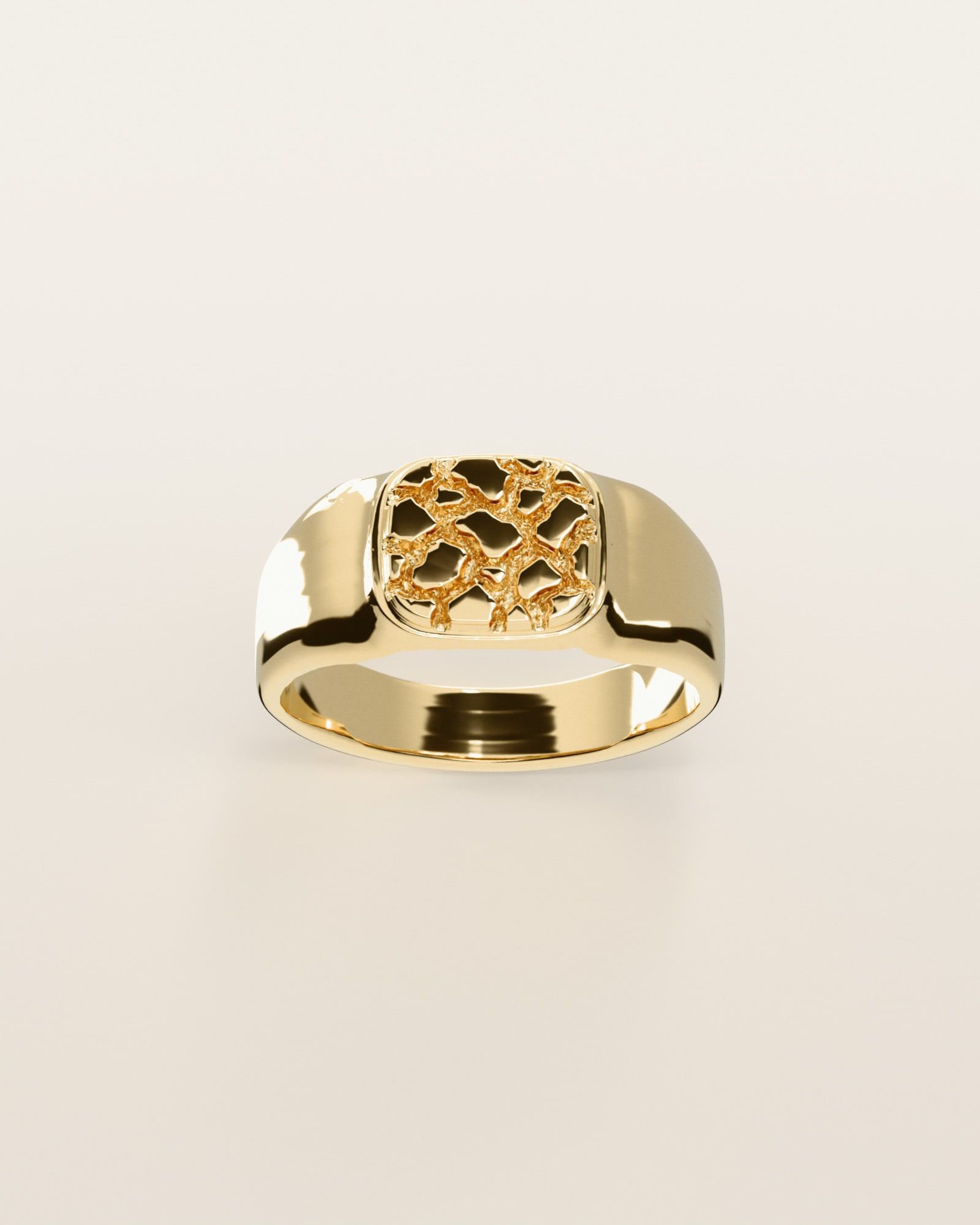 No. 405 Pinky nugget ring, the nugget pattern, face on, 14K yellow gold, rendered from the production 3D file