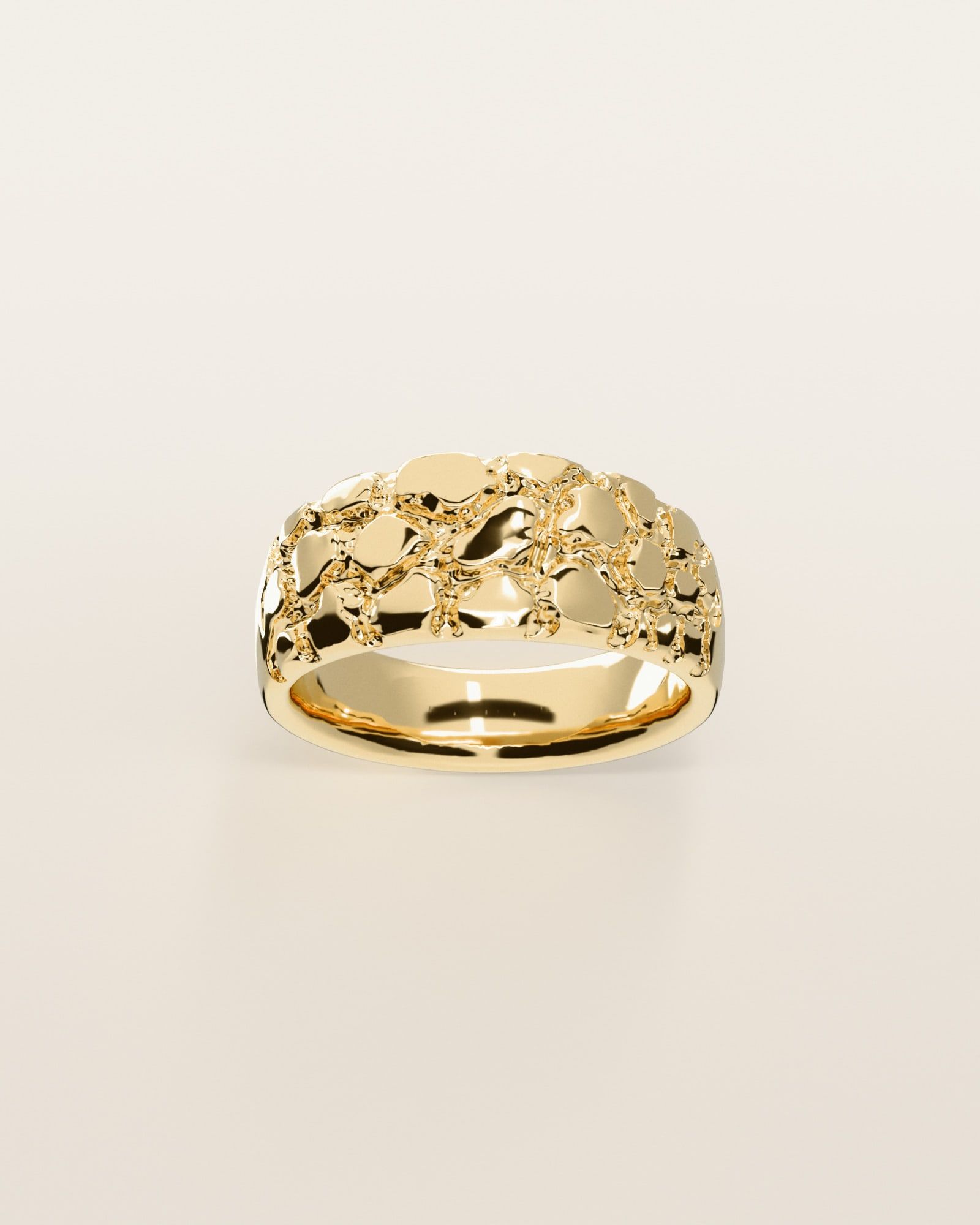 No. 102 Drift nugget ring, the nugget pattern, face on, 14K yellow gold, rendered from the production 3D file