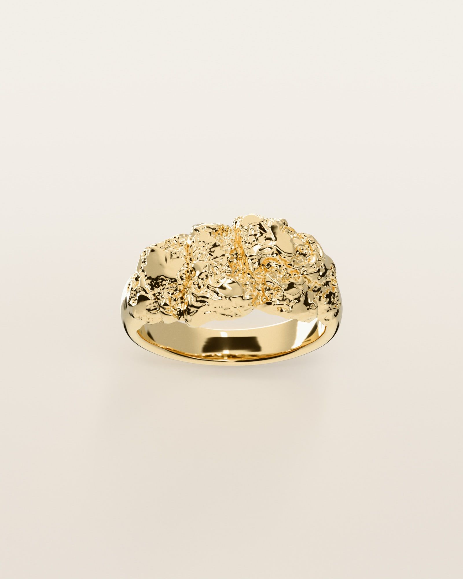No. 001 Low & Wide nugget ring, the nugget pattern, face on, 14K yellow gold, rendered from the production 3D file