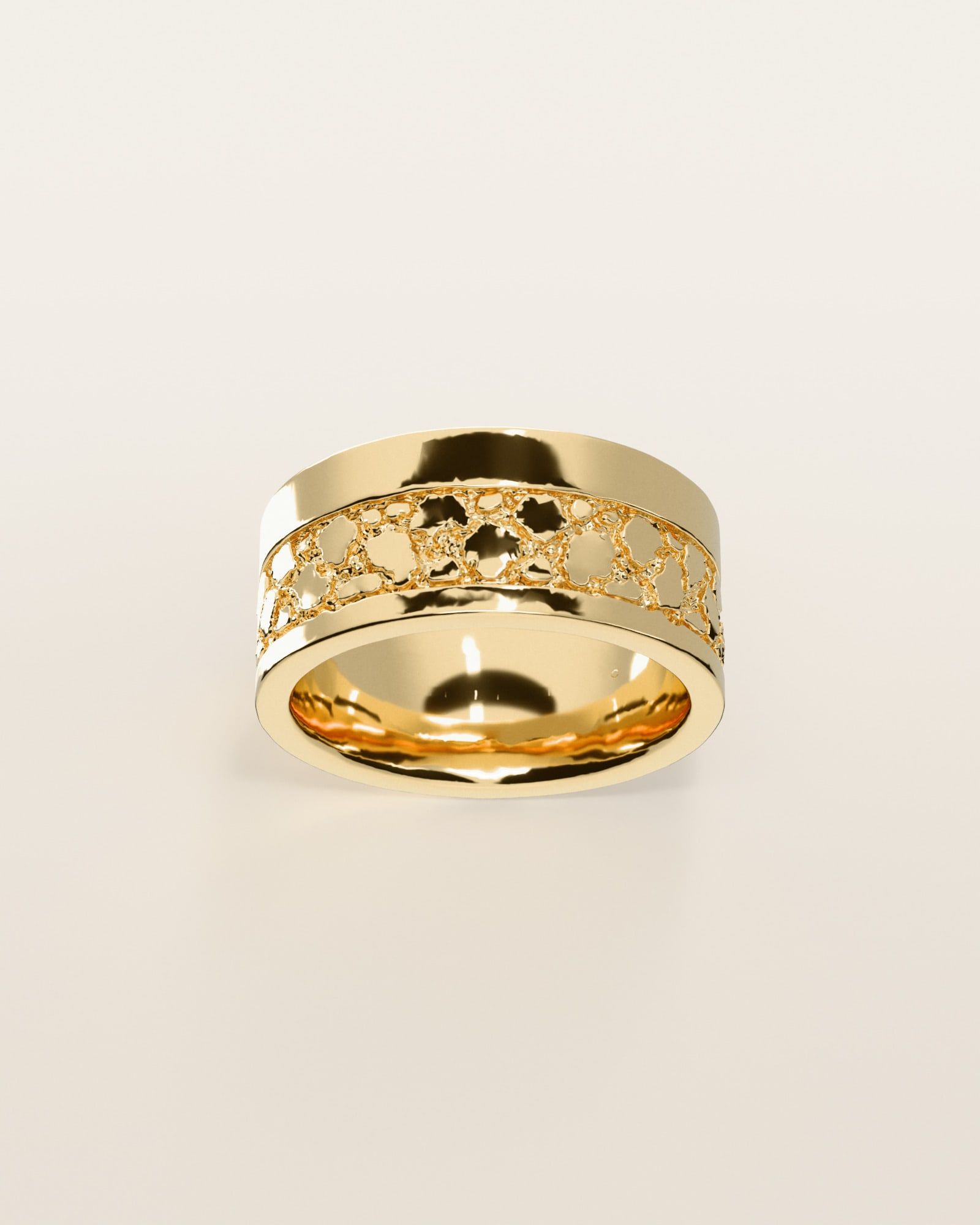 No. 532 Rail nugget ring, the nugget pattern, face on, 14K yellow gold, rendered from the production 3D file