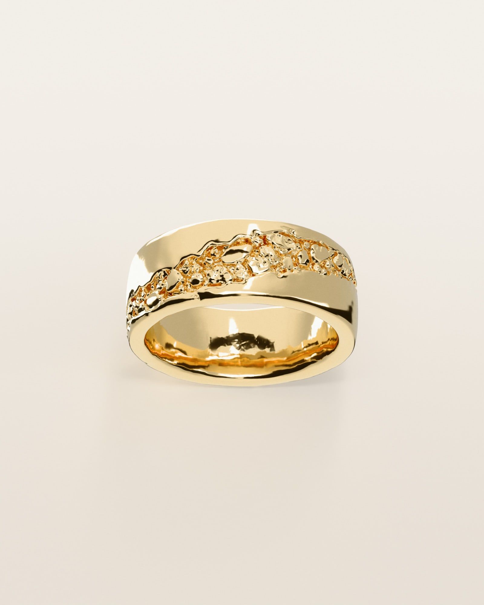 No. 519 Seam nugget ring, the nugget pattern, face on, 14K yellow gold, rendered from the production 3D file