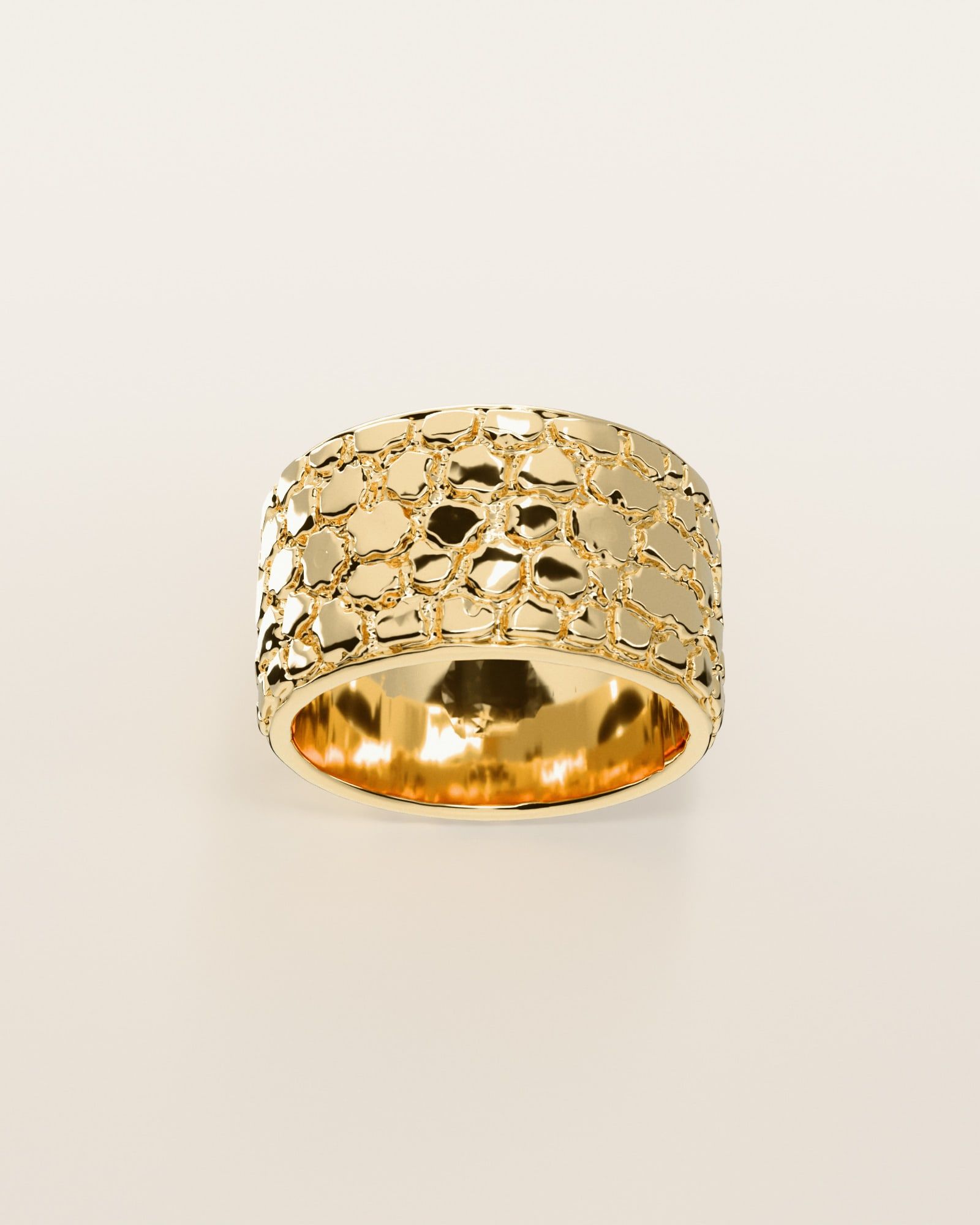 No. 447 Cigar Band nugget ring, the nugget pattern, face on, 14K yellow gold, rendered from the production 3D file