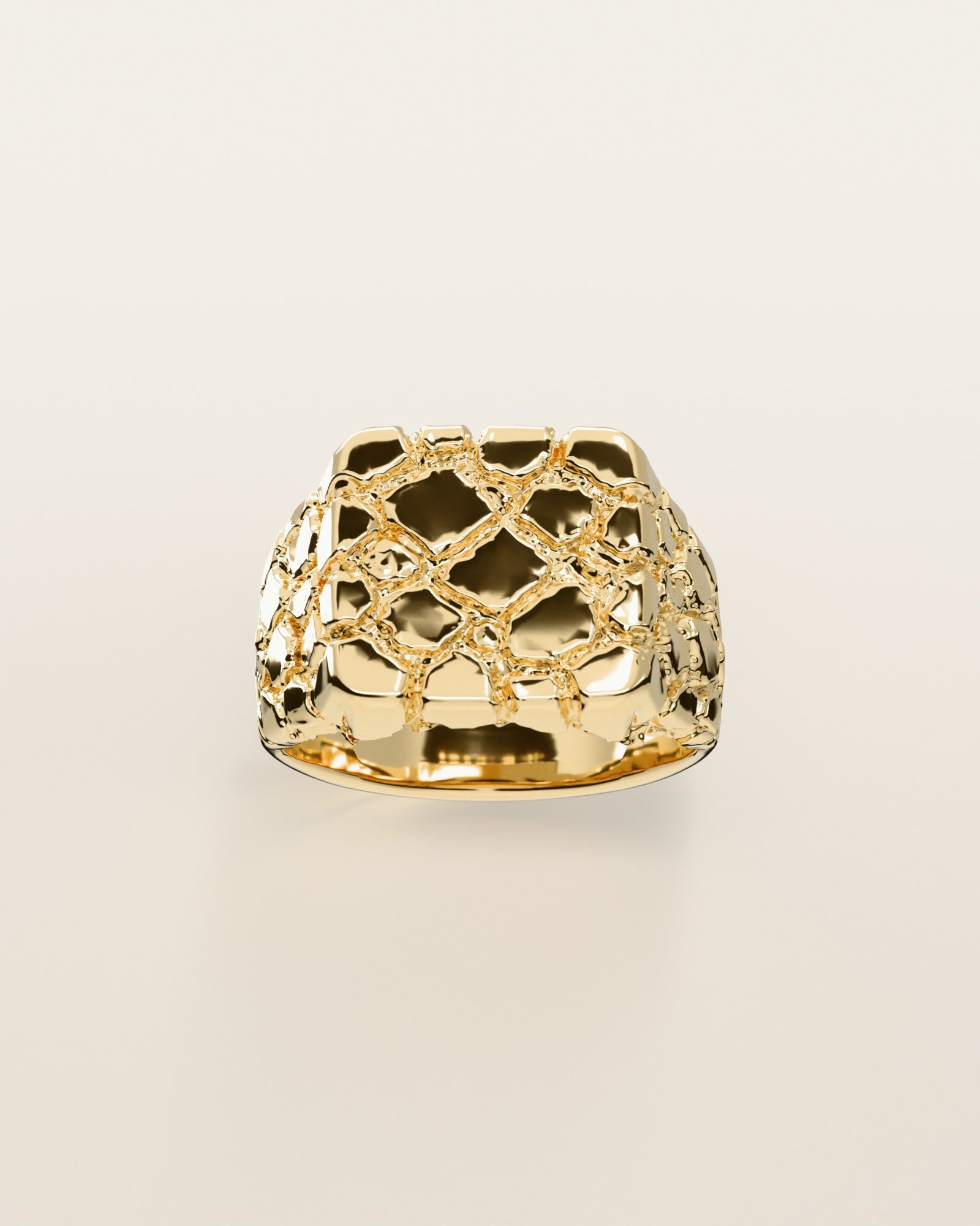 No. 408 Statement XL nugget ring, the nugget pattern, face on, 14K yellow gold, rendered from the production 3D file