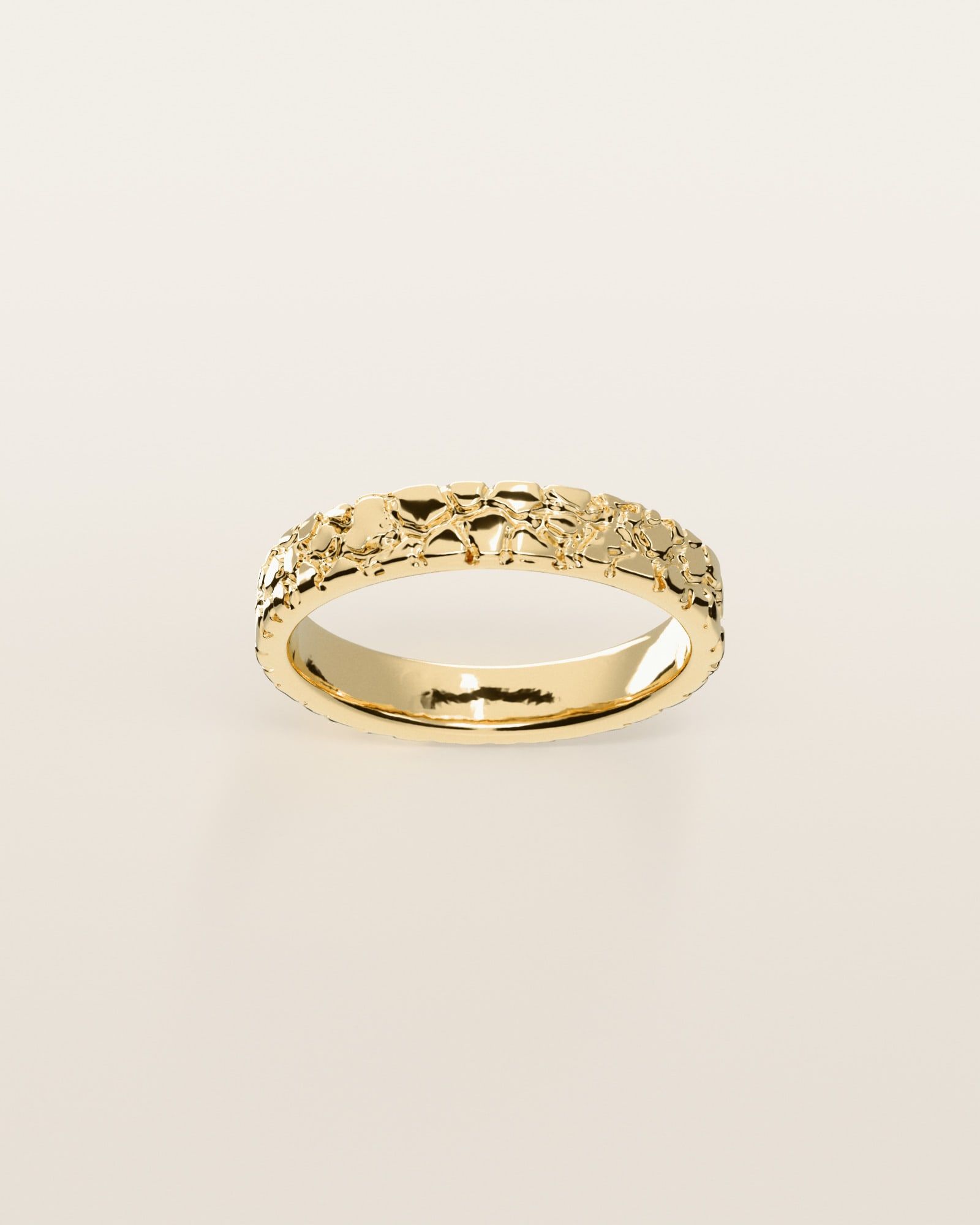 No. 407 Stack Band nugget ring, the nugget pattern, face on, 14K yellow gold, rendered from the production 3D file