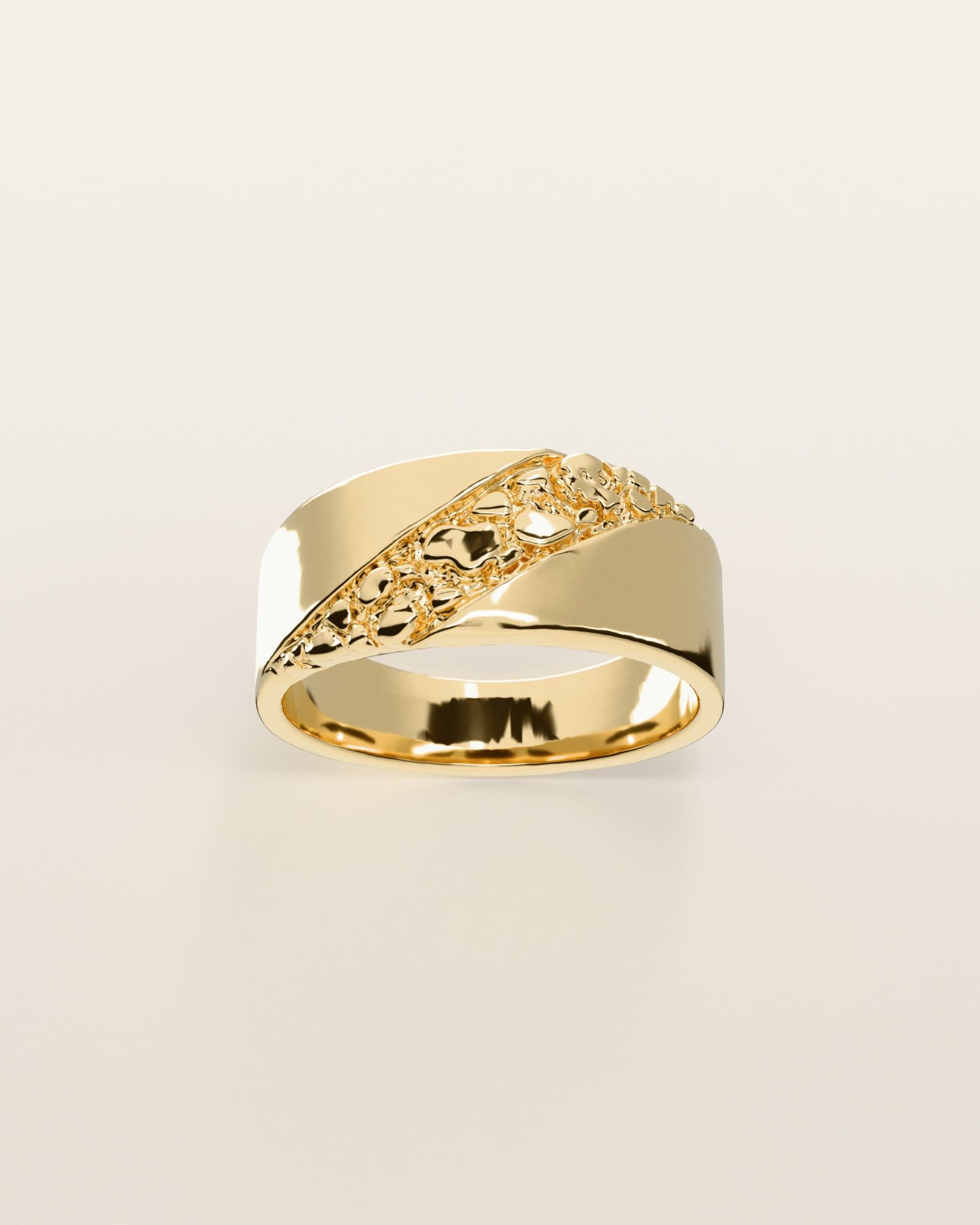 No. 518 Fault Line nugget ring, the nugget pattern, face on, 14K yellow gold, rendered from the production 3D file