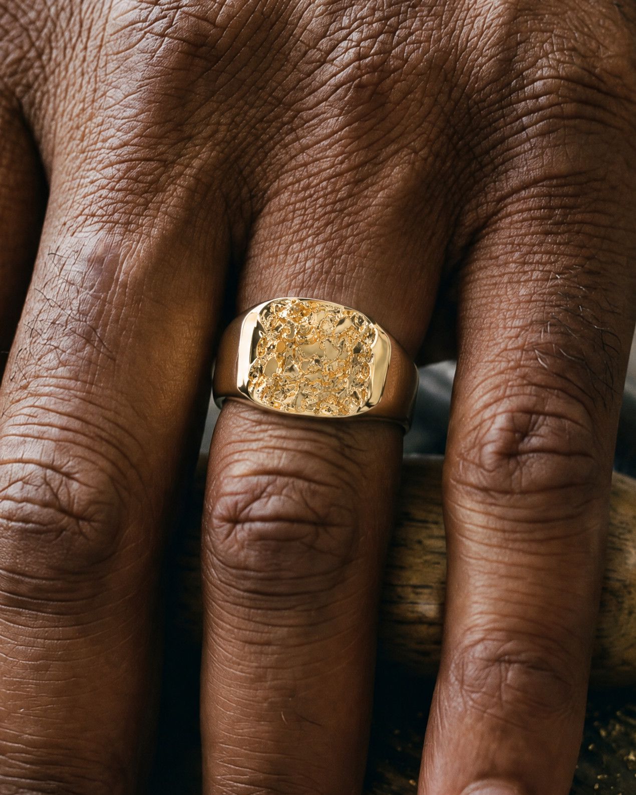 No. 014 The Block nugget ring, worn, close-up on the hand, 14K yellow gold