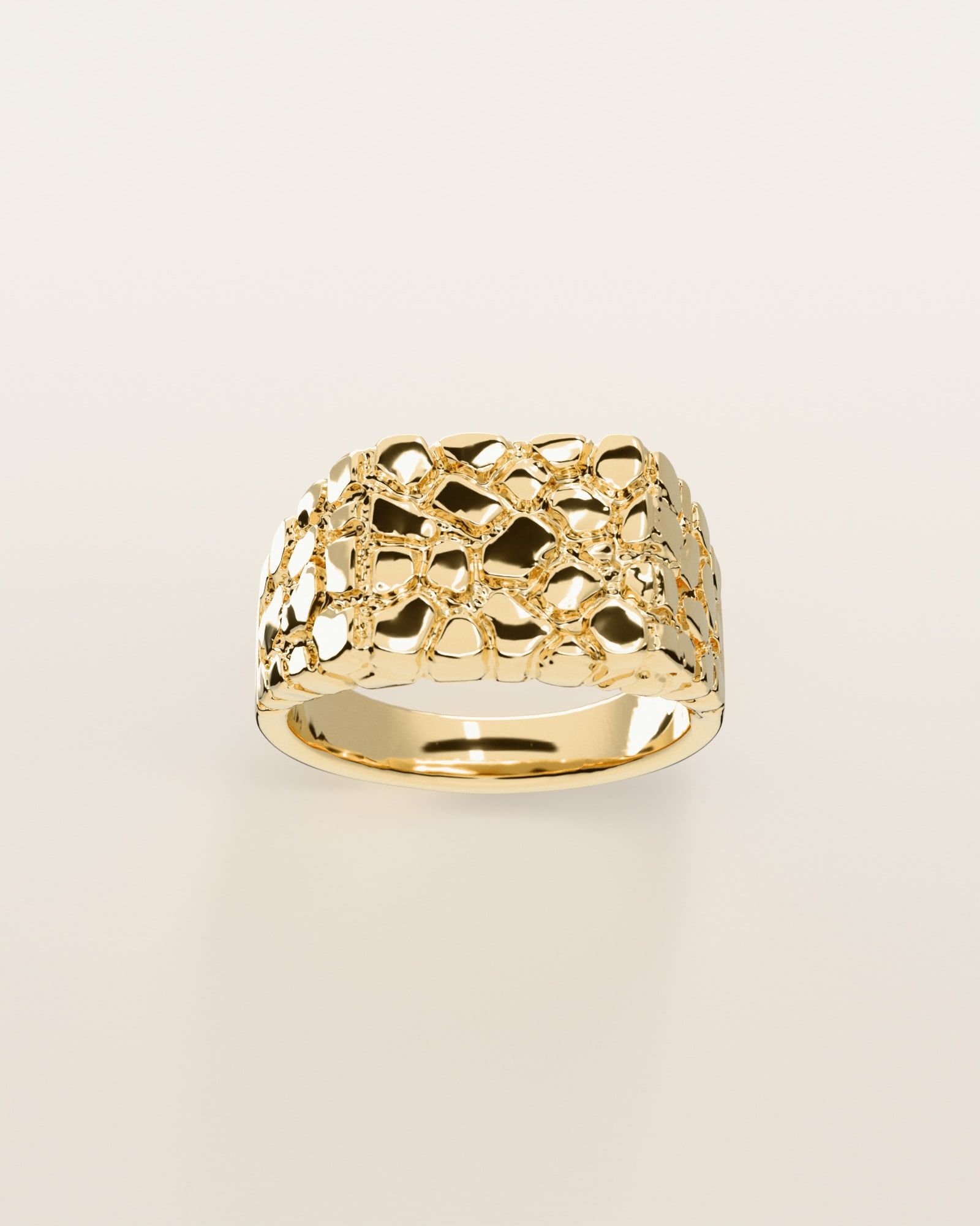 No. 406 Wide Face nugget ring, the nugget pattern, face on, 14K yellow gold, rendered from the production 3D file