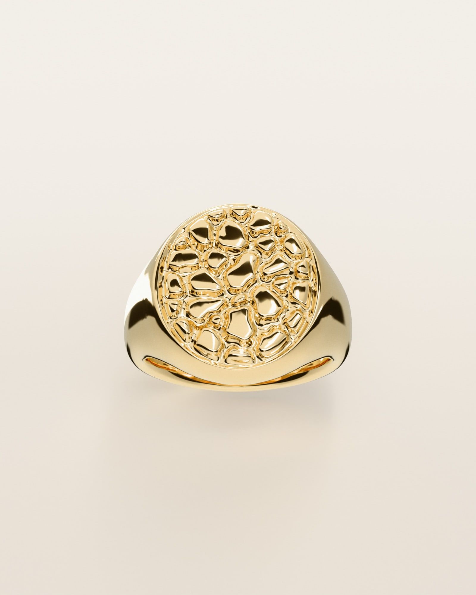 No. 404 Oval nugget ring, the nugget pattern, face on, 14K yellow gold, rendered from the production 3D file
