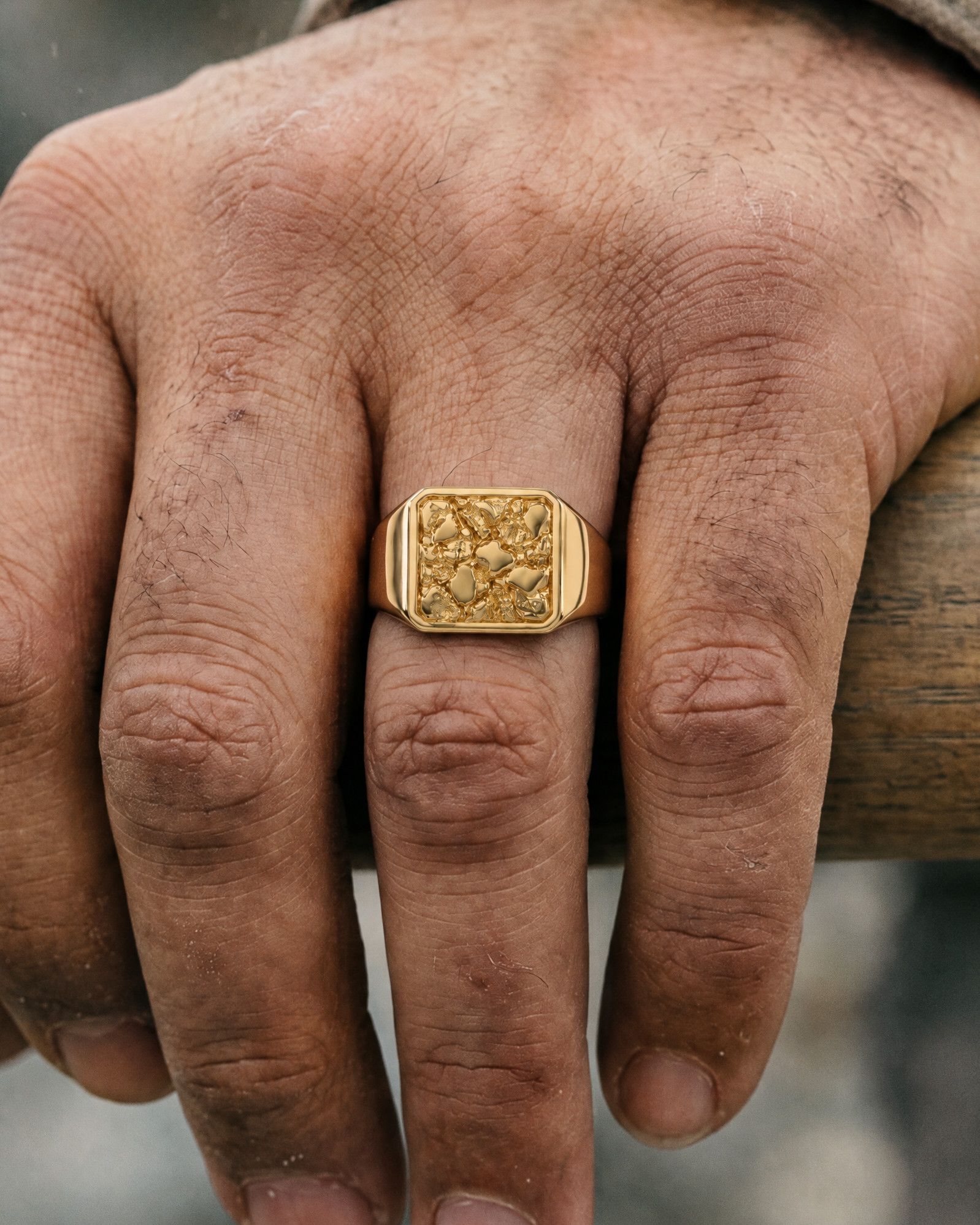 No. 501 Anvil nugget ring, worn, close-up on the hand, 14K yellow gold