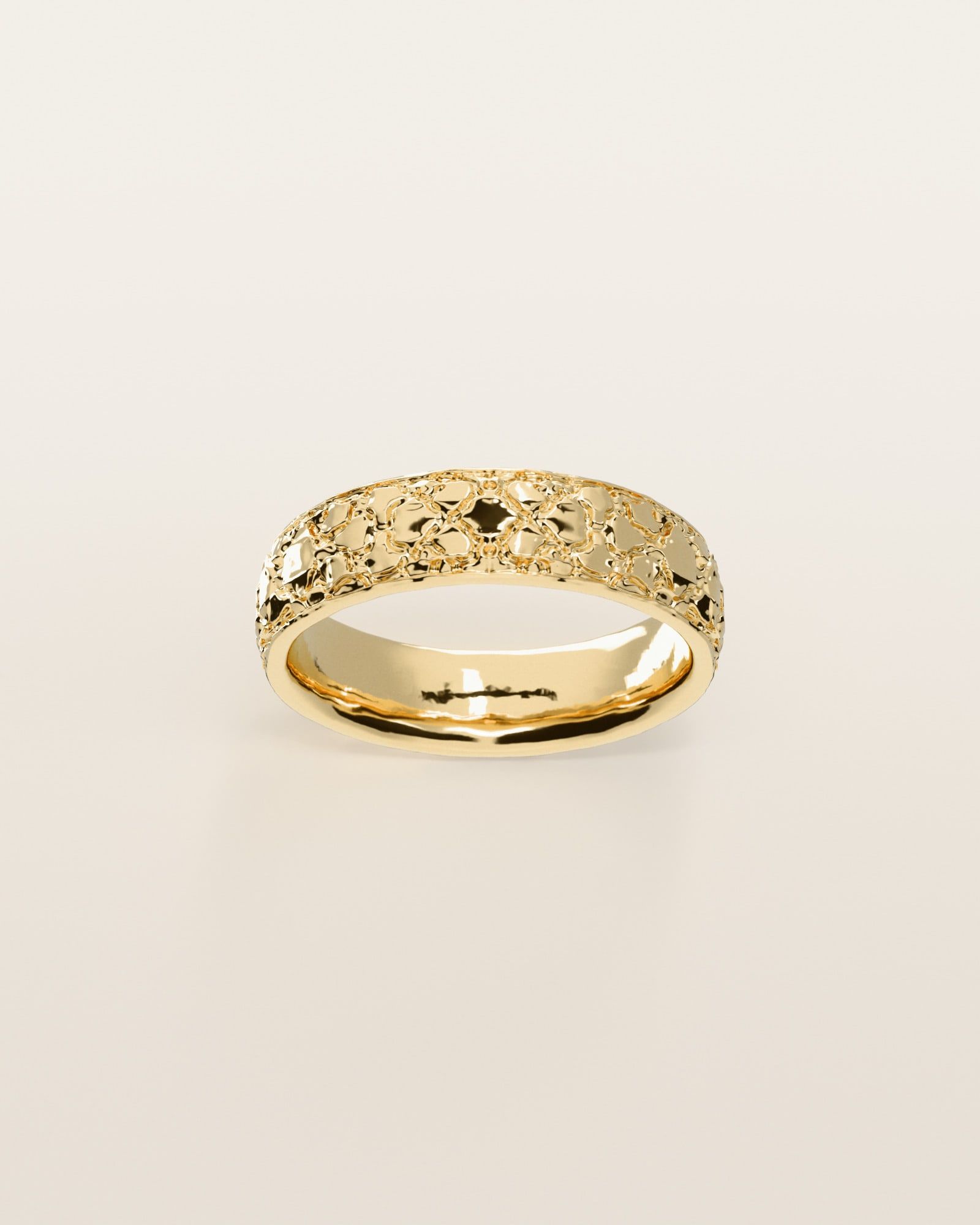 No. 441 Nugget Band 6 mm, the nugget pattern, face on, 14K yellow gold, rendered from the production 3D file