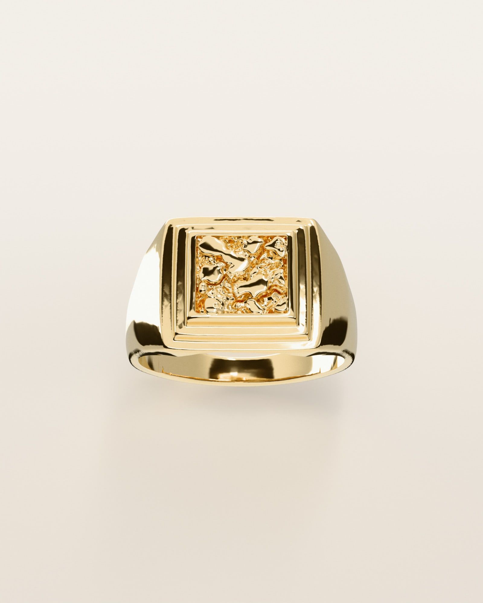 No. 534 Deco nugget ring, the nugget pattern, face on, 14K yellow gold, rendered from the production 3D file