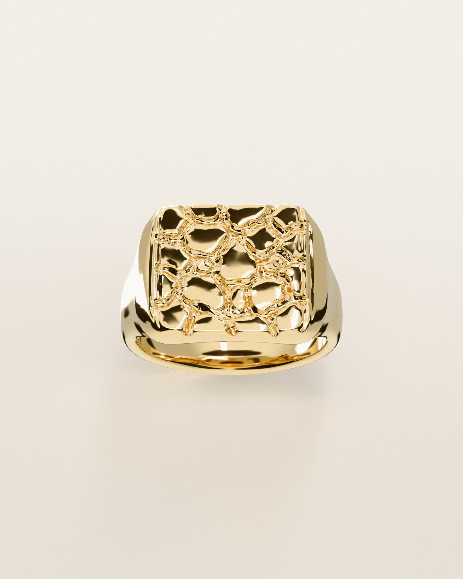 No. 401 Signet L nugget ring, the nugget pattern, face on, 14K yellow gold, rendered from the production 3D file