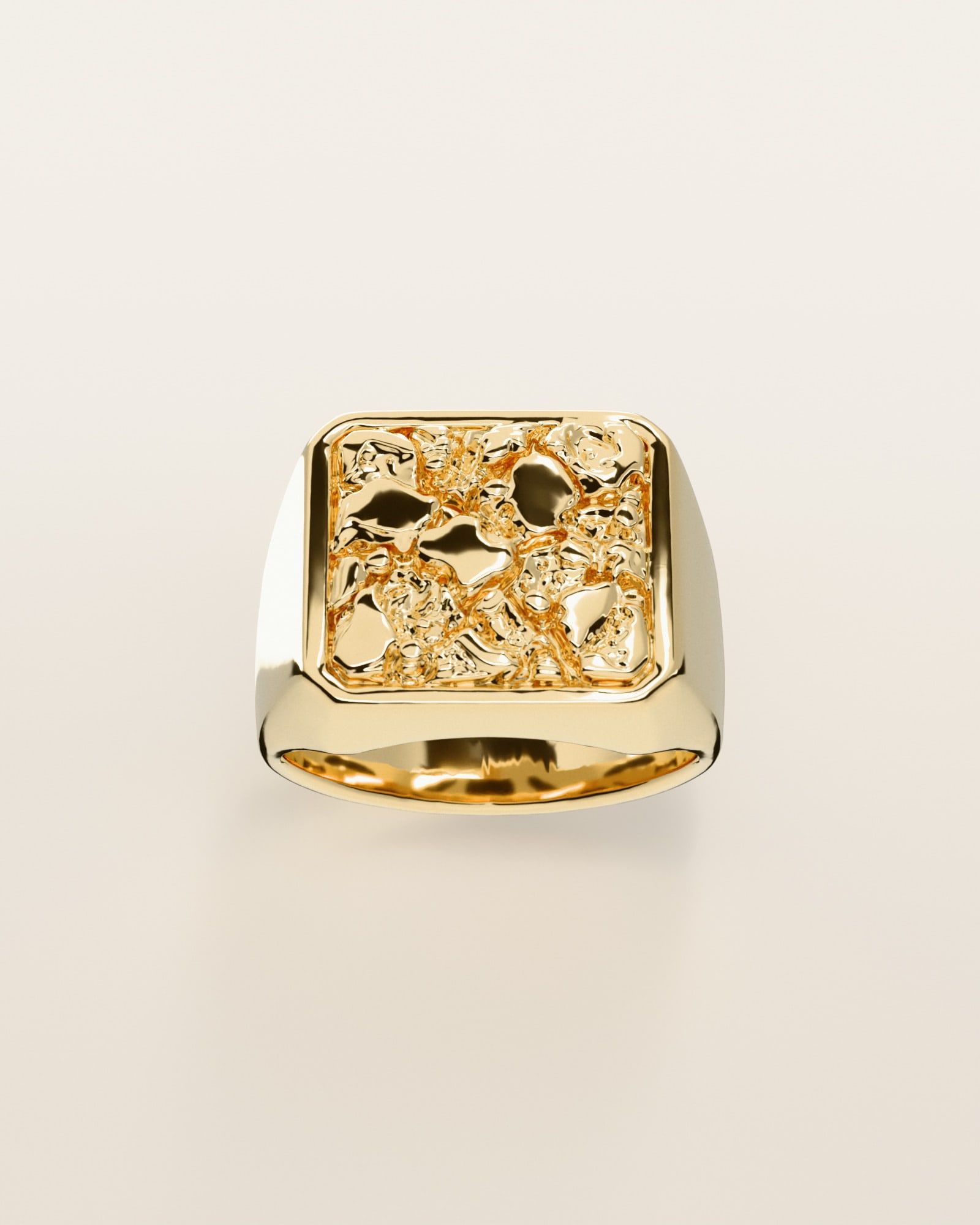 No. 501 Anvil nugget ring, the nugget pattern, face on, 14K yellow gold, rendered from the production 3D file