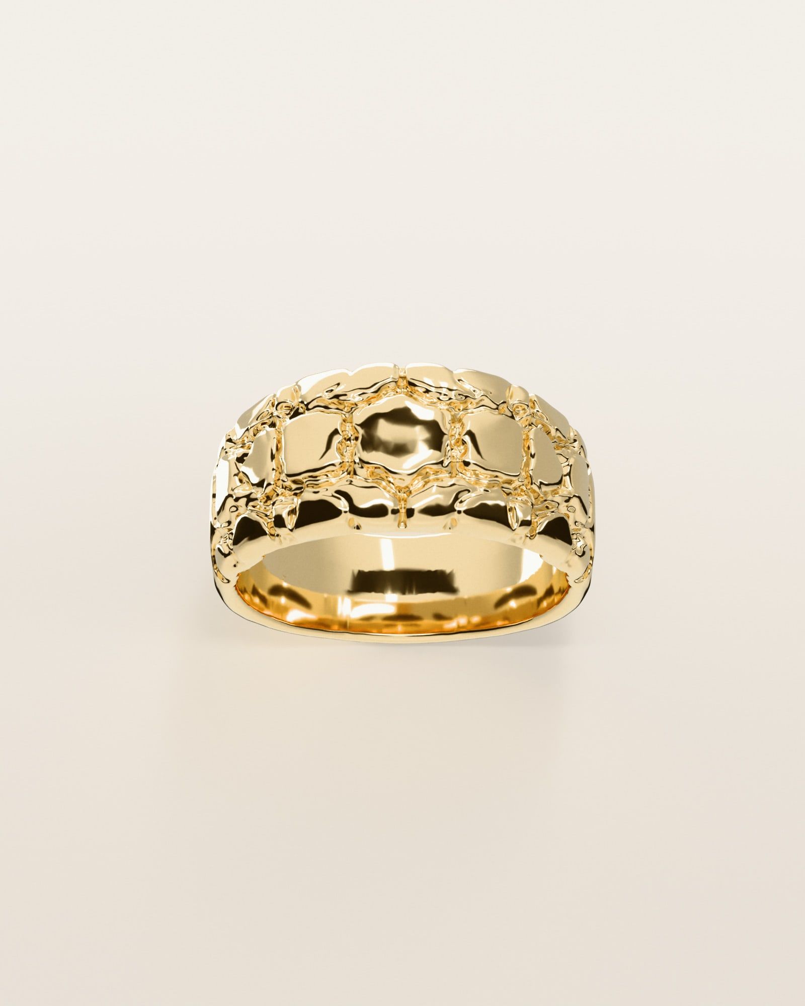 No. 507 Riverbed nugget ring, the nugget pattern, face on, 14K yellow gold, rendered from the production 3D file