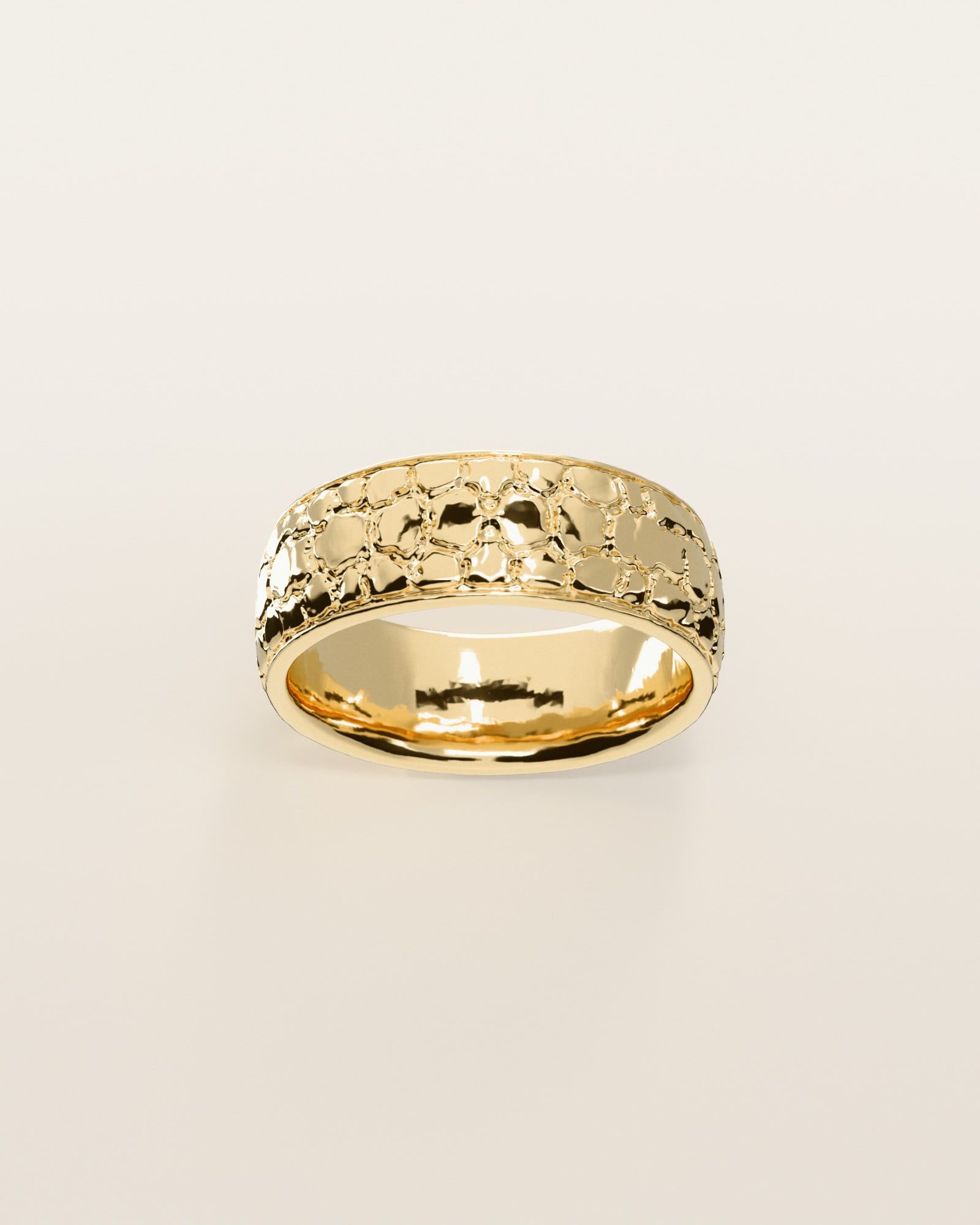 No. 442 Nugget Band 8 mm, the nugget pattern, face on, 14K yellow gold, rendered from the production 3D file