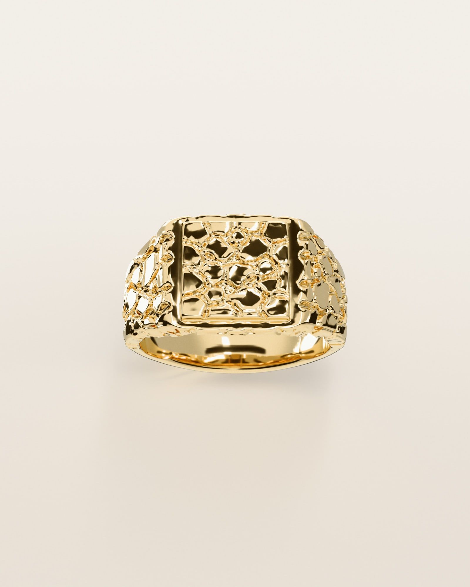 No. 402 Signet S nugget ring, the nugget pattern, face on, 14K yellow gold, rendered from the production 3D file