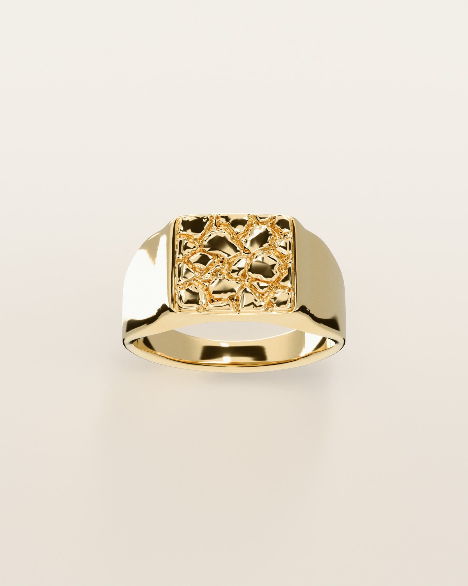 No. 409 Signet M nugget ring, the nugget pattern, face on, 14K yellow gold, rendered from the production 3D file