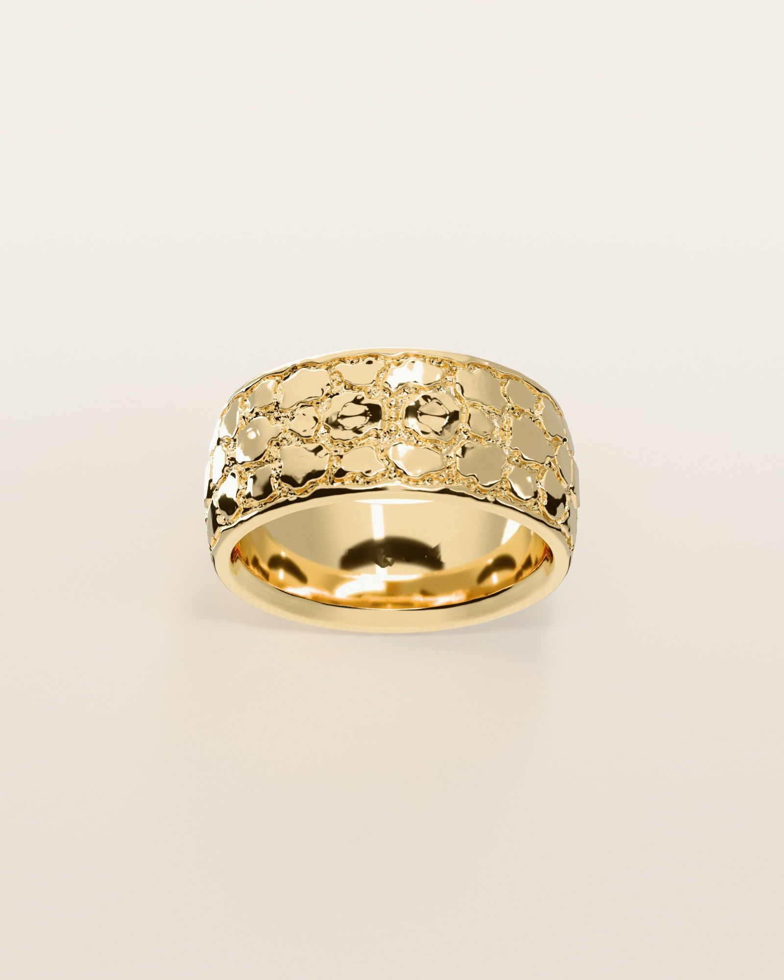 No. 443 Nugget Band 10 mm, the nugget pattern, face on, 14K yellow gold, rendered from the production 3D file