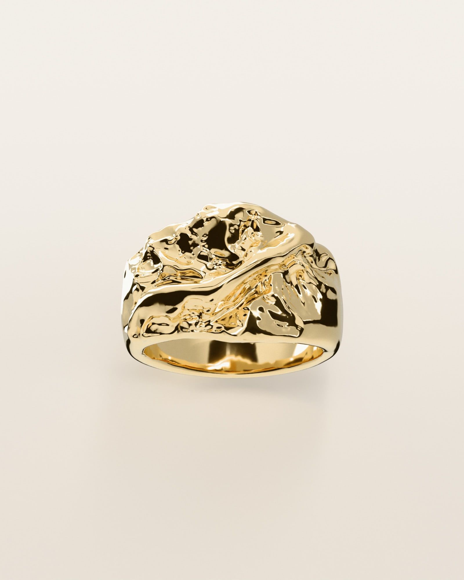 No. 008 Ridge nugget ring, the nugget pattern, face on, 14K yellow gold, rendered from the production 3D file