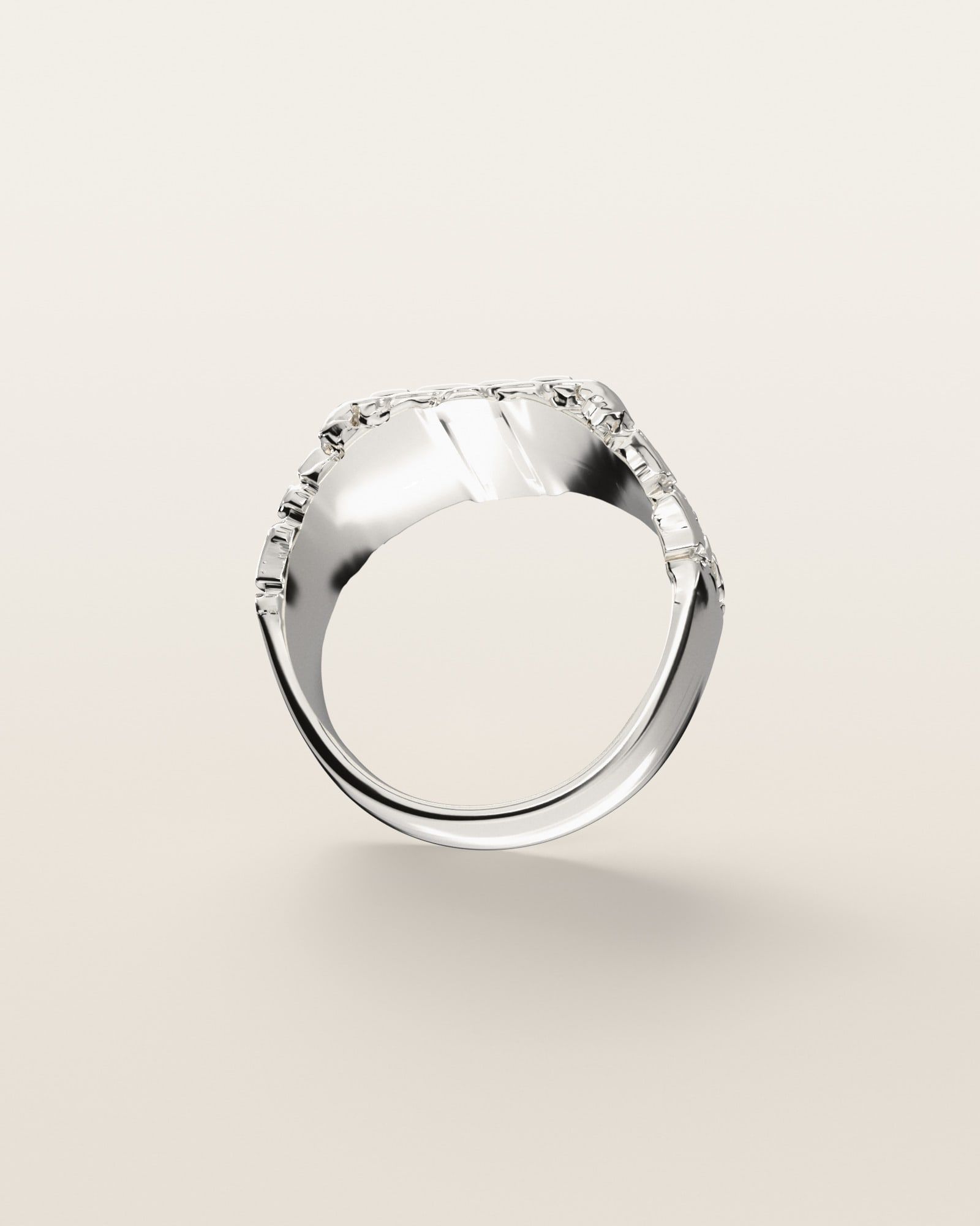 No. 402 Signet S nugget ring, underside, the inside of the band, sterling silver, rendered from the production 3D file