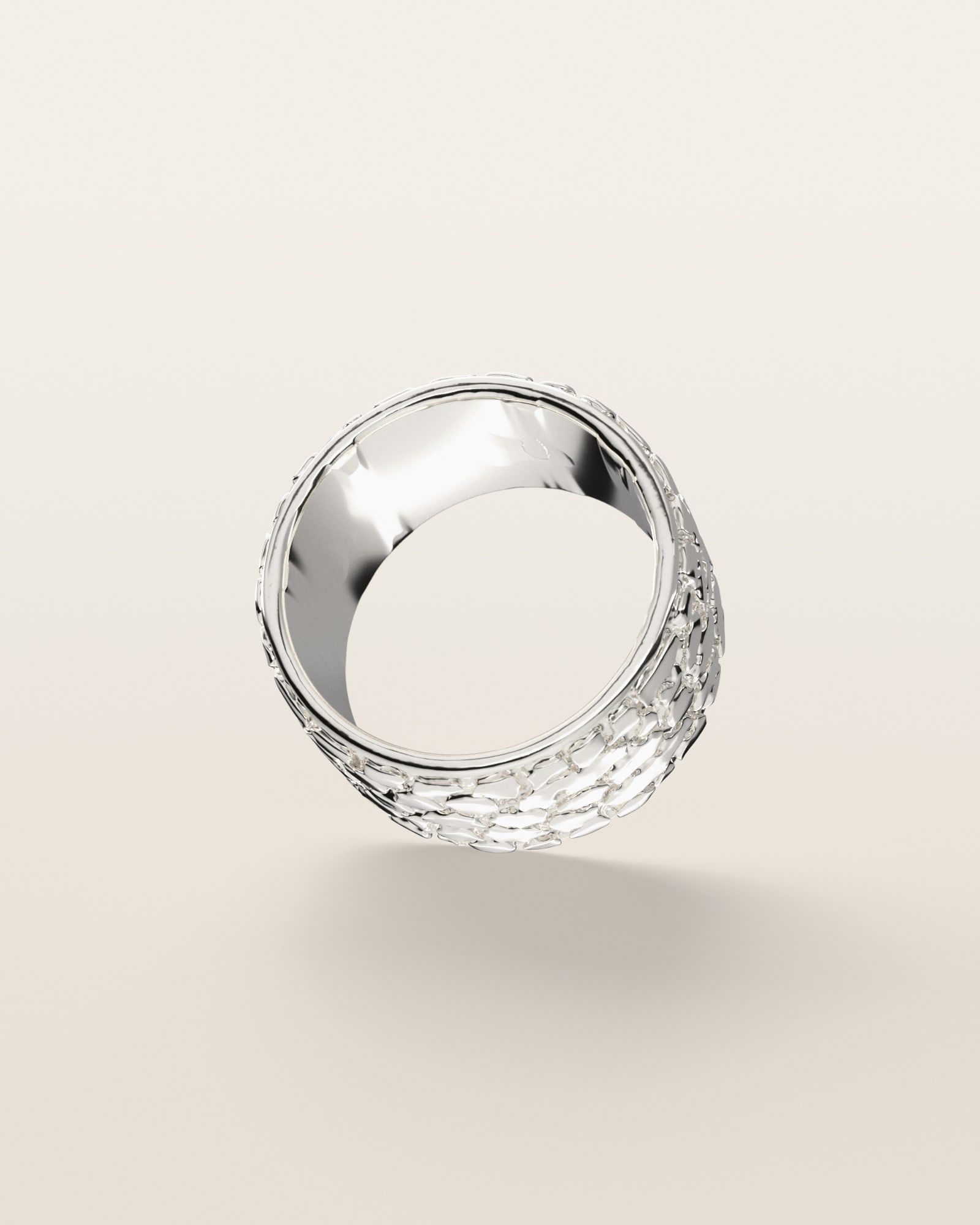 No. 447 Cigar Band nugget ring, underside, the inside of the band, sterling silver, rendered from the production 3D file