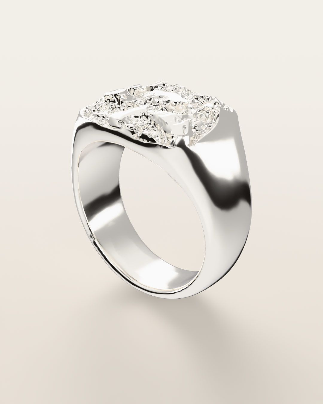 No. 014 The Block nugget ring, turning slowly under a low light, sterling silver, rendered from the production 3D file
