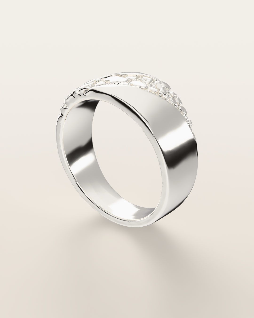 No. 518 Fault Line nugget ring, turning slowly under a low light, sterling silver, rendered from the production 3D file