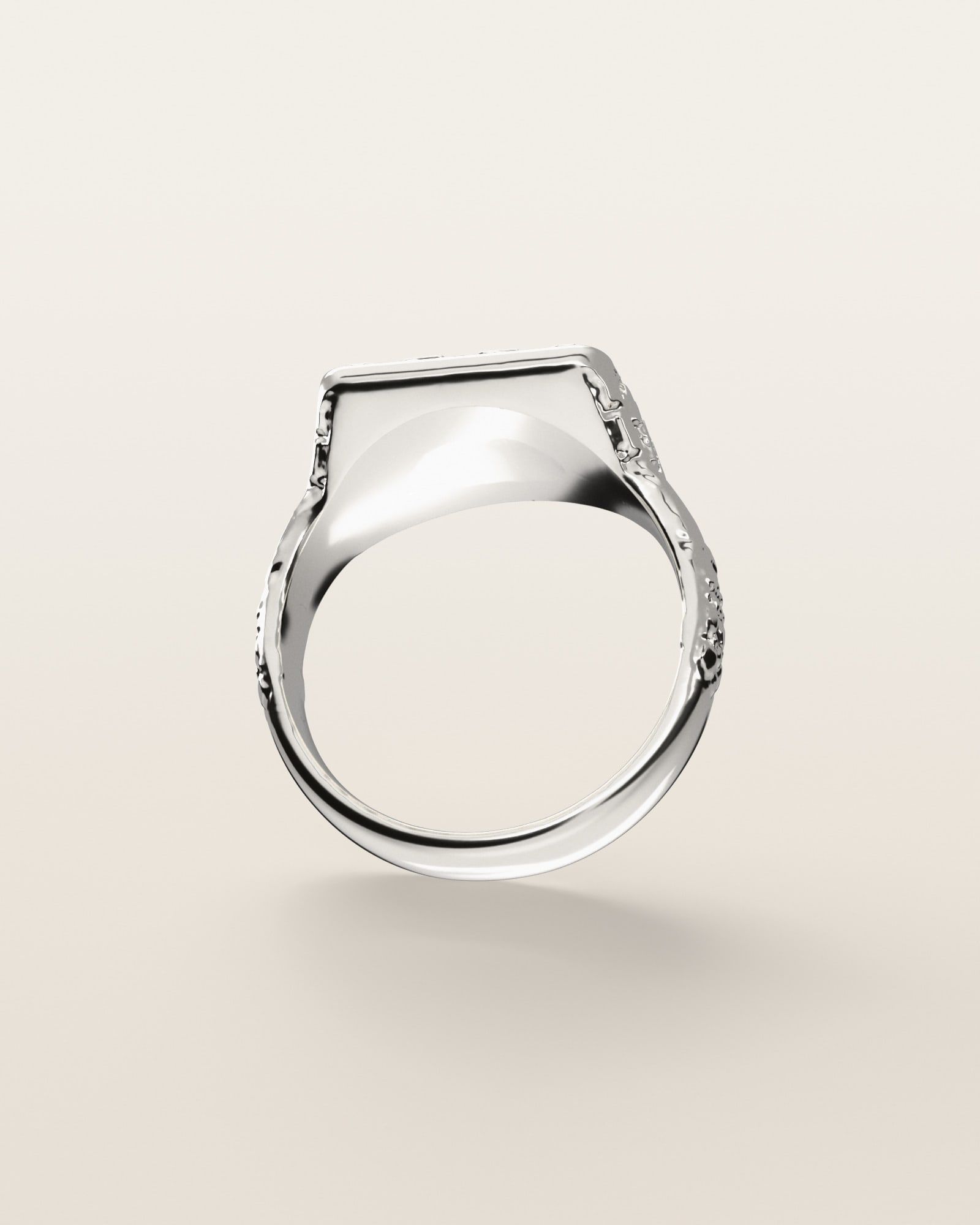 No. 432 Signet L nugget ring, underside, the inside of the band, sterling silver, rendered from the production 3D file