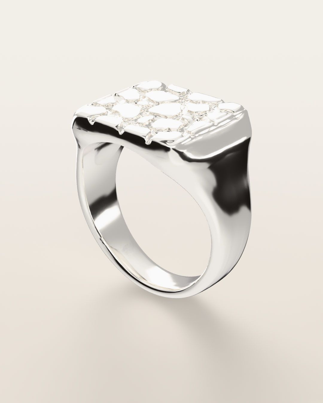 No. 401 Signet L nugget ring, turning slowly under a low light, sterling silver, rendered from the production 3D file