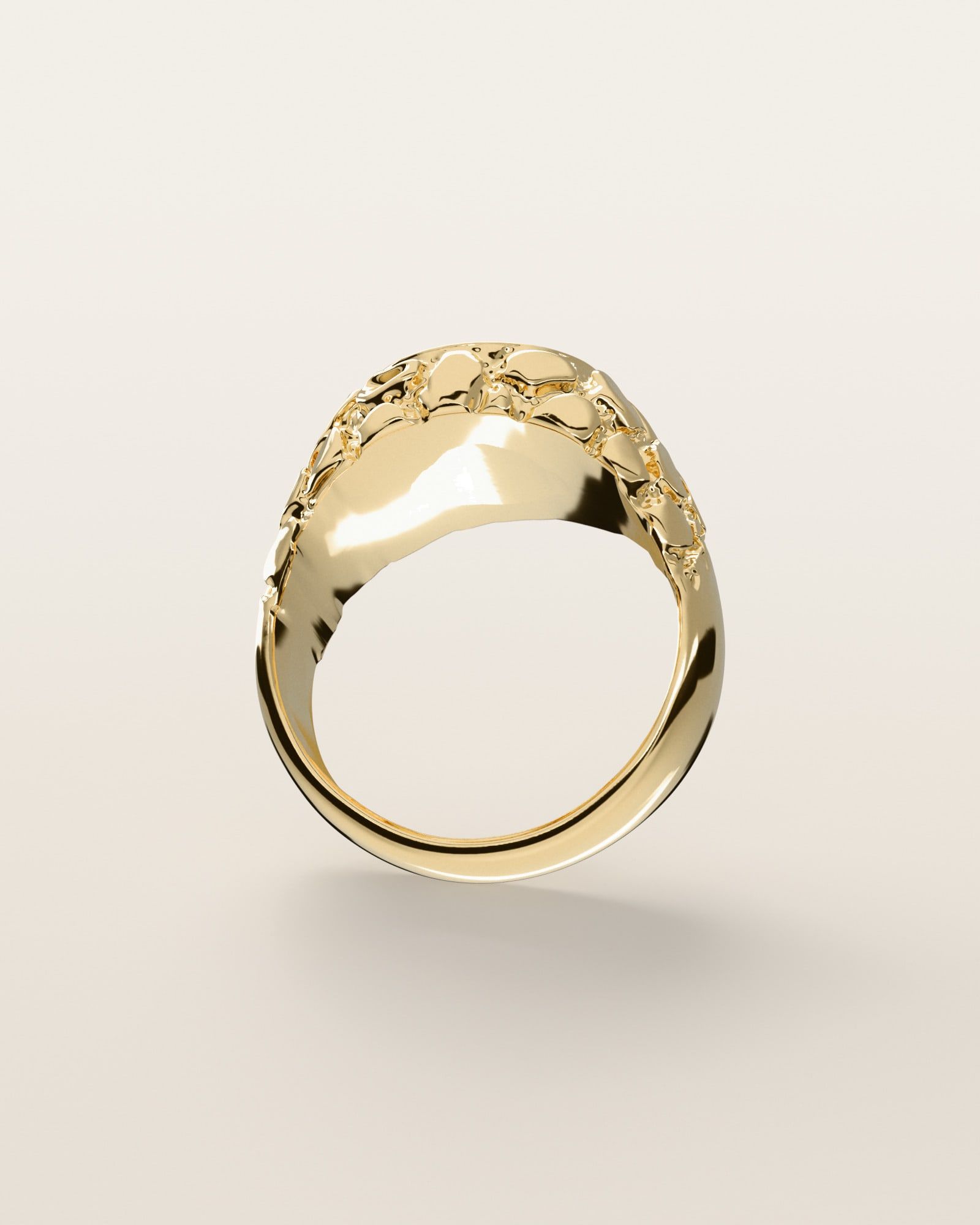 No. 523 Facet nugget ring, underside, the inside of the band, 14K yellow gold, rendered from the production 3D file