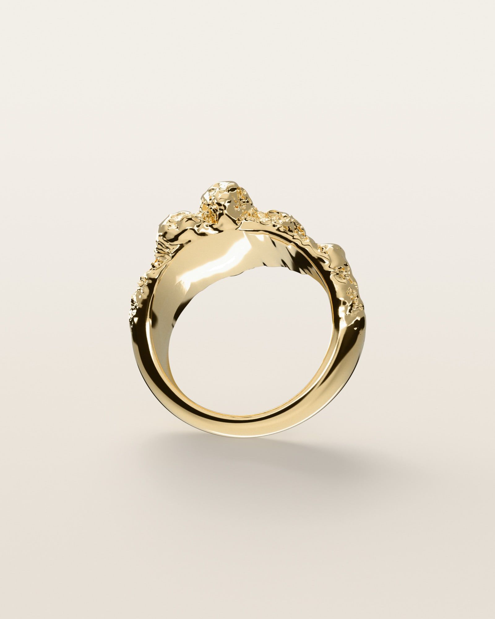 No. 063 Off-Center nugget ring, underside, the inside of the band, 14K yellow gold, rendered from the production 3D file