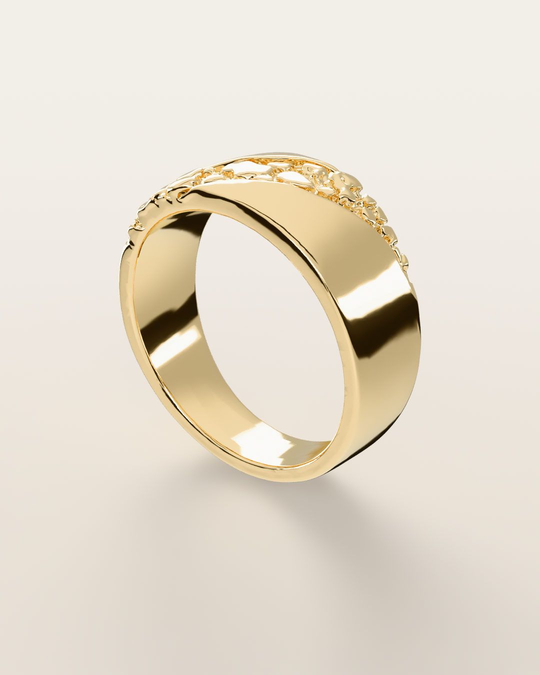 No. 518 Fault Line nugget ring, turning slowly under a low light, 14K yellow gold, rendered from the production 3D file