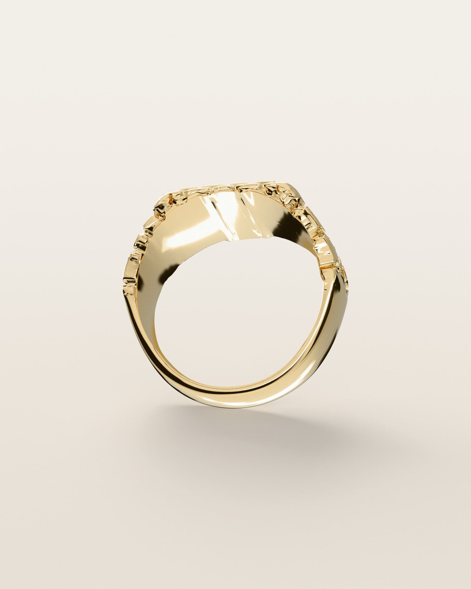 No. 402 Signet S nugget ring, underside, the inside of the band, 14K yellow gold, rendered from the production 3D file