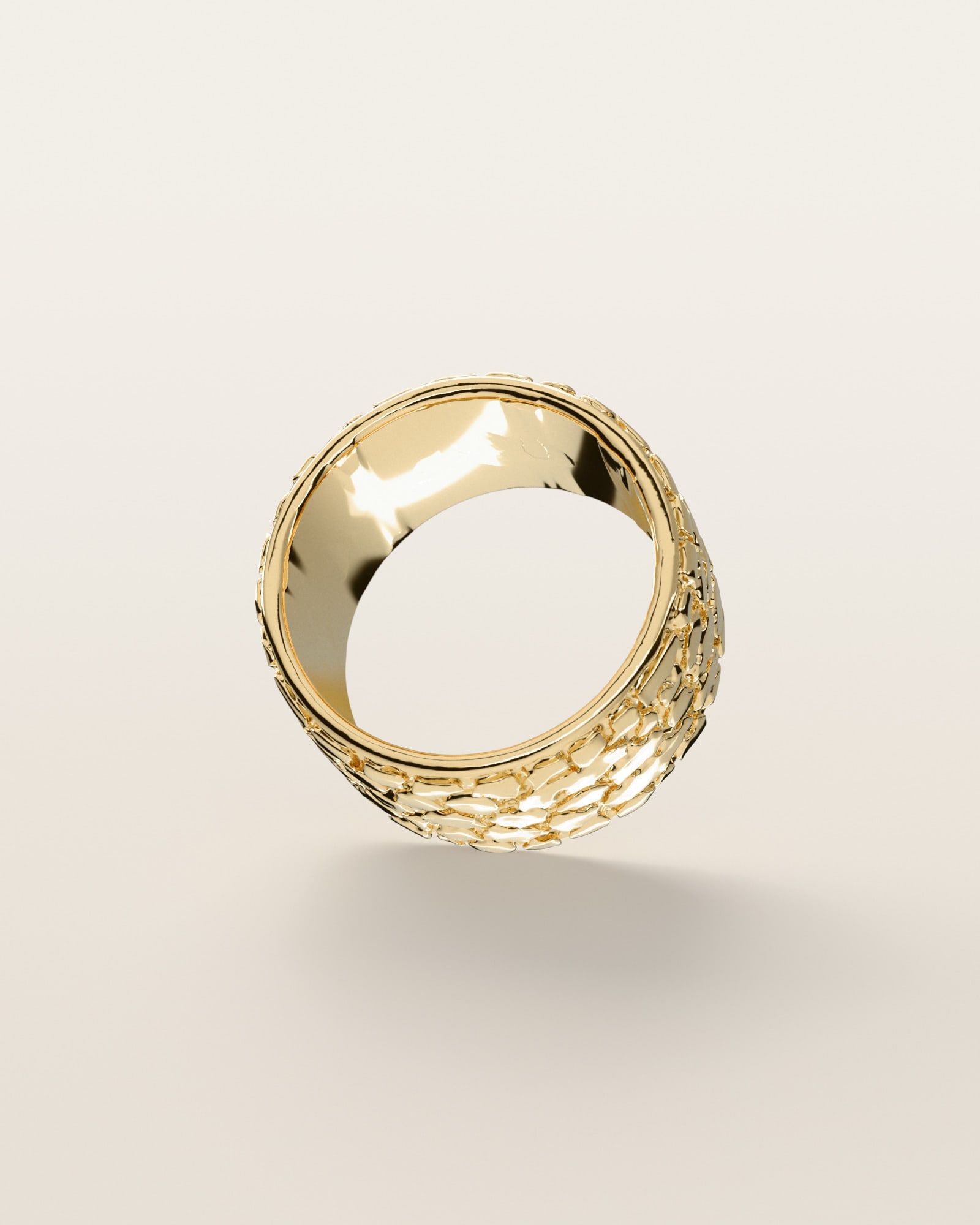 No. 447 Cigar Band nugget ring, underside, the inside of the band, 14K yellow gold, rendered from the production 3D file
