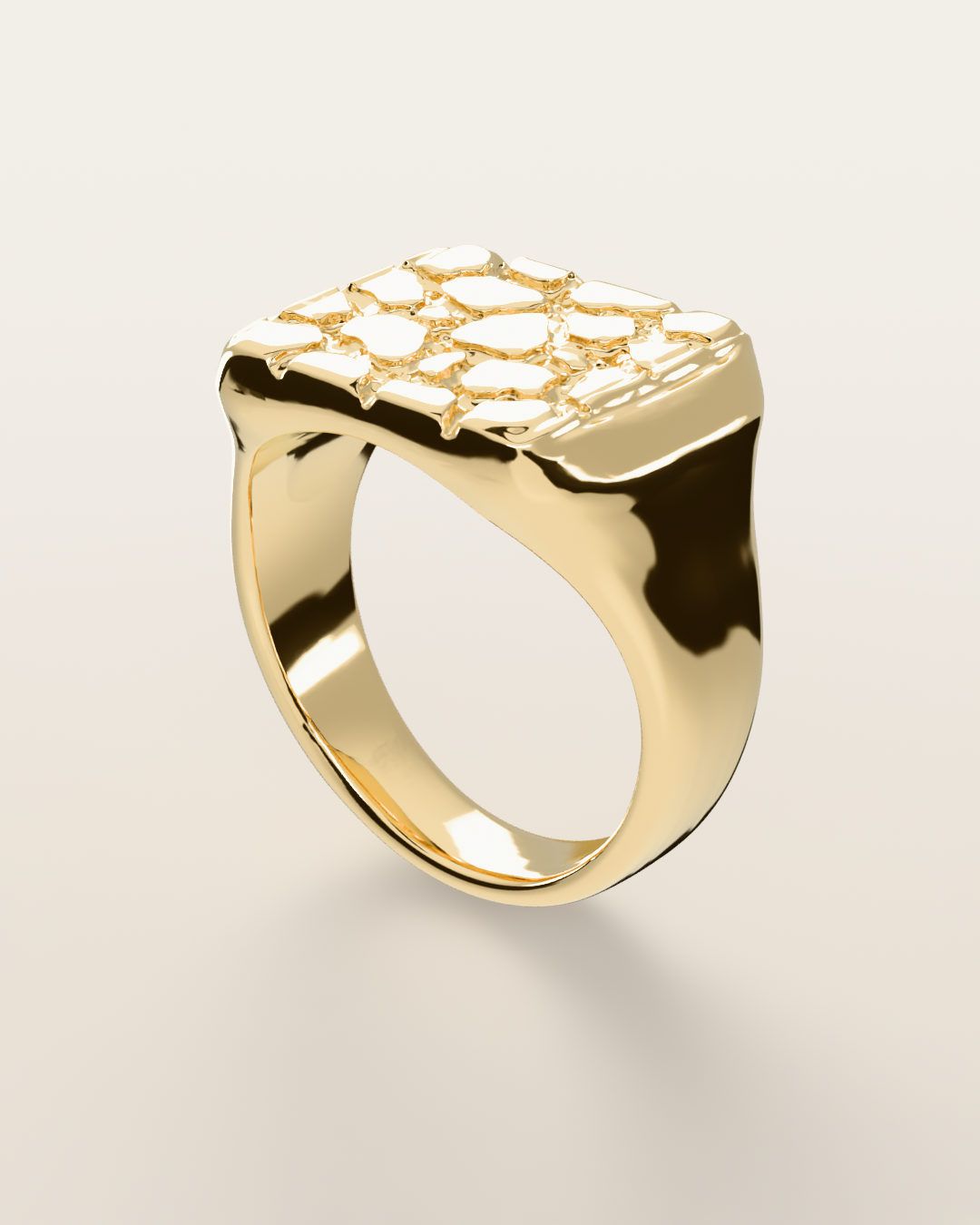 No. 401 Signet L nugget ring, turning slowly under a low light, 14K yellow gold, rendered from the production 3D file