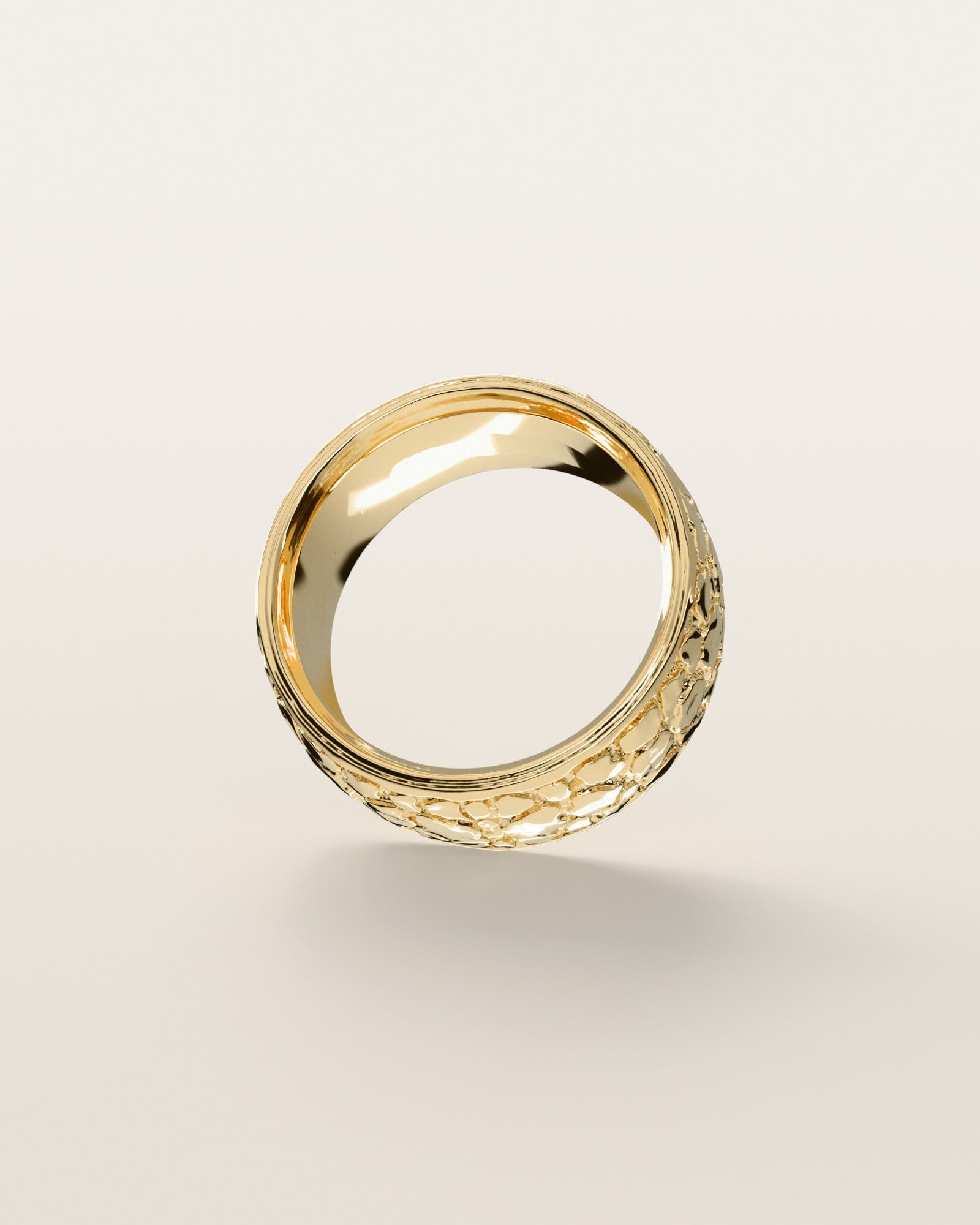 No. 443 Nugget Band 10 mm, underside, the inside of the band, 14K yellow gold, rendered from the production 3D file
