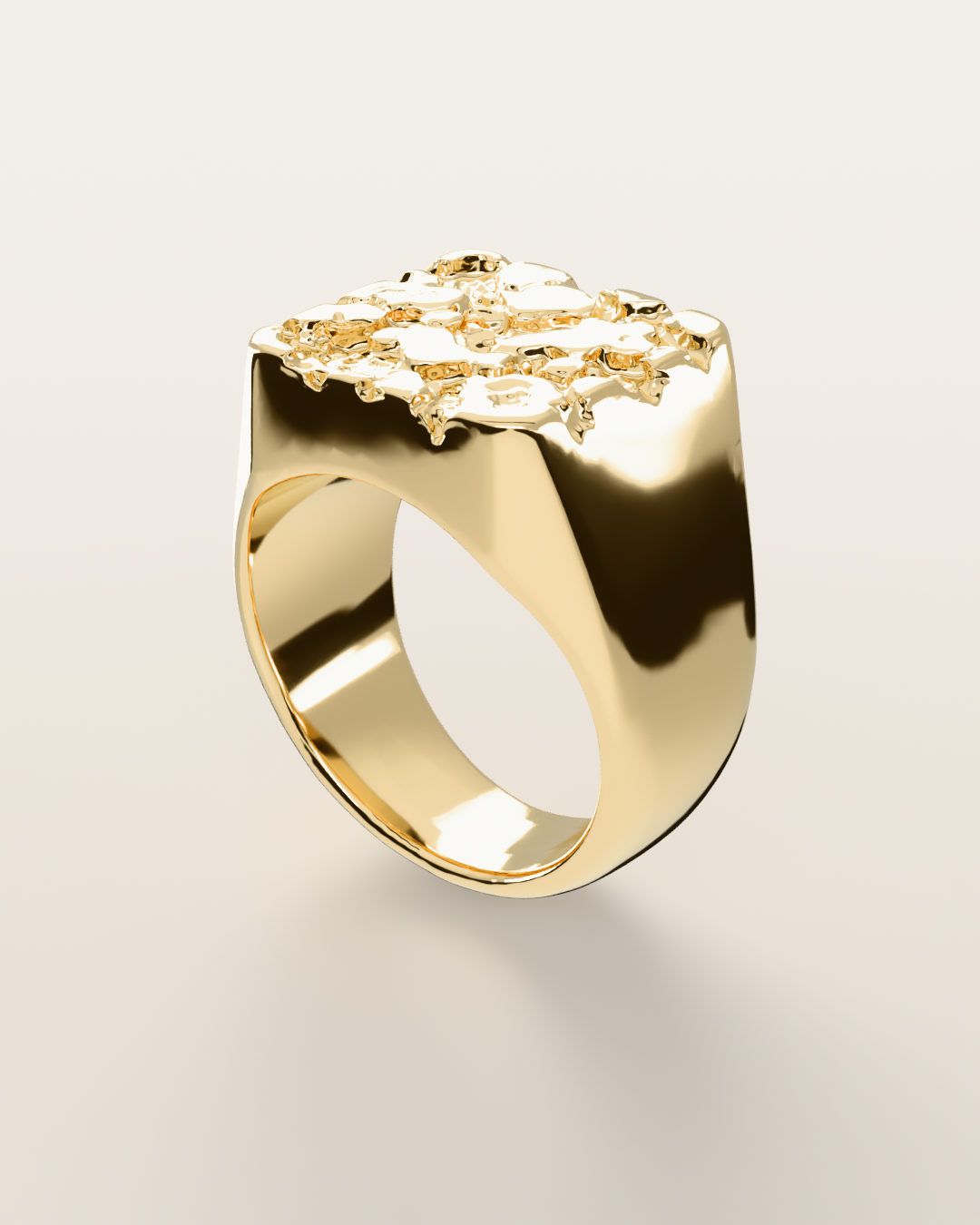 No. 502 Bullion nugget ring, turning slowly under a low light, 14K yellow gold, rendered from the production 3D file