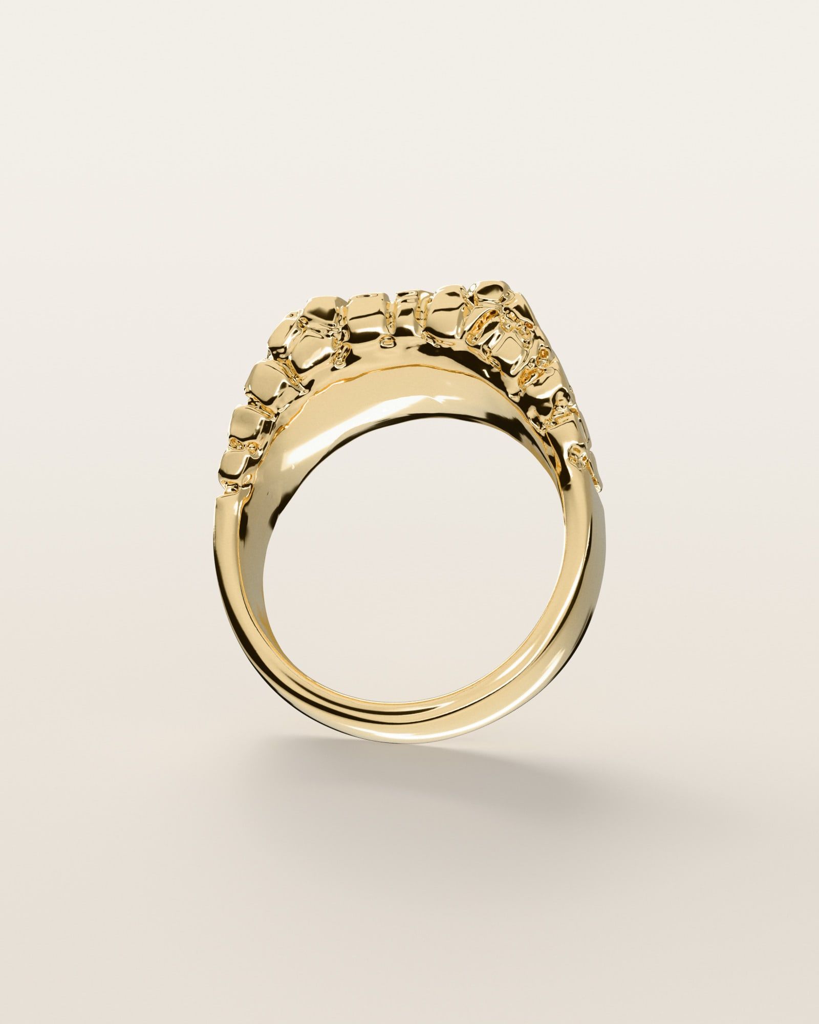 No. 406 Wide Face nugget ring, underside, the inside of the band, 14K yellow gold, rendered from the production 3D file