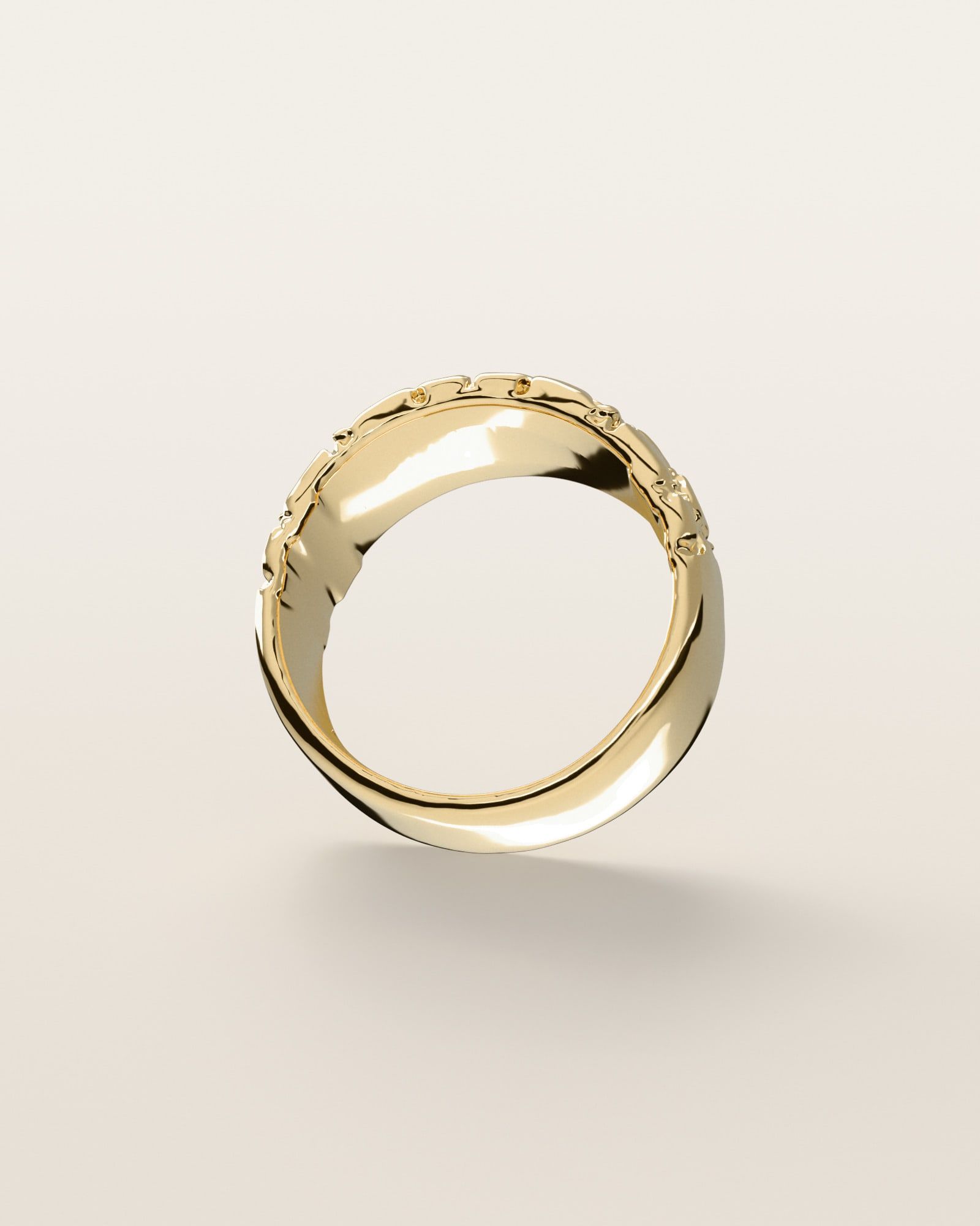 No. 507 Riverbed nugget ring, underside, the inside of the band, 14K yellow gold, rendered from the production 3D file