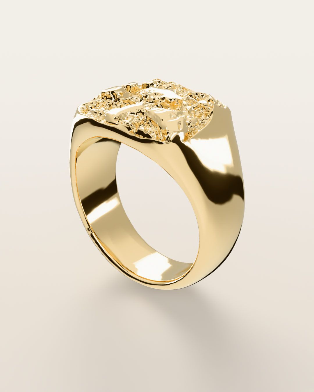 No. 014 The Block nugget ring, turning slowly under a low light, 14K yellow gold, rendered from the production 3D file