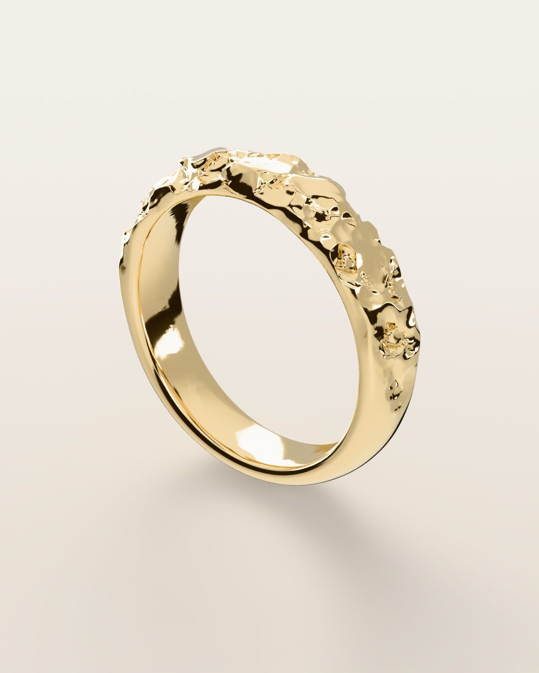 No. 024 Slim nugget ring, turning slowly under a low light, 14K yellow gold, rendered from the production 3D file