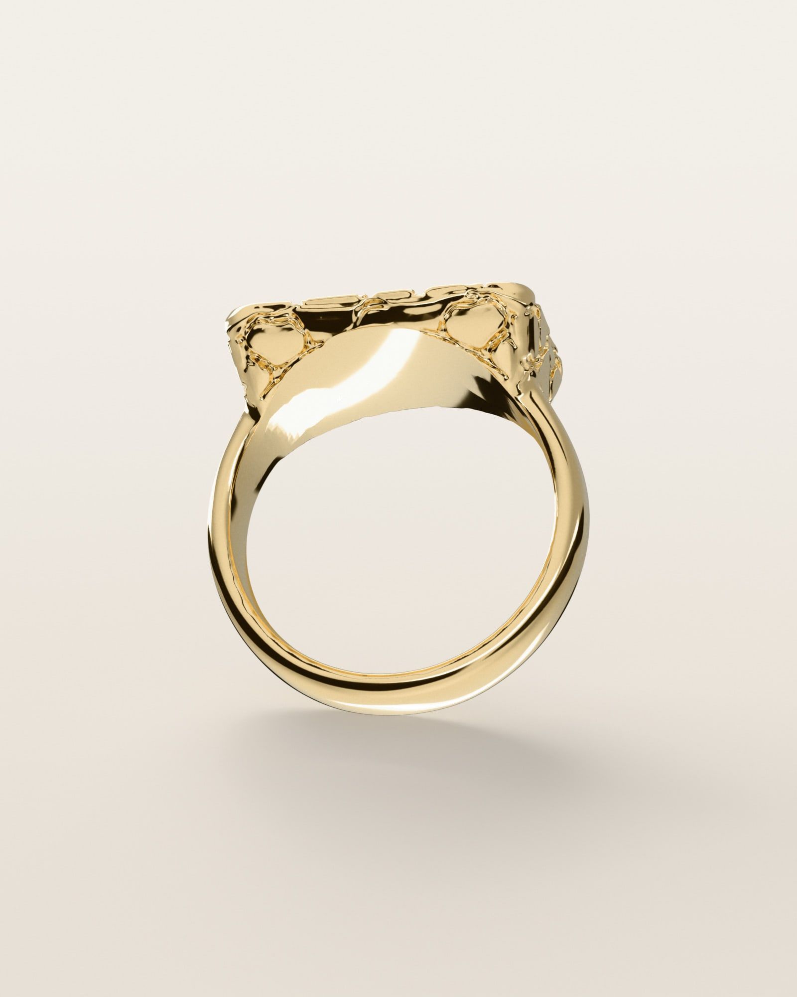 No. 433 Wide Face nugget ring, underside, the inside of the band, 14K yellow gold, rendered from the production 3D file