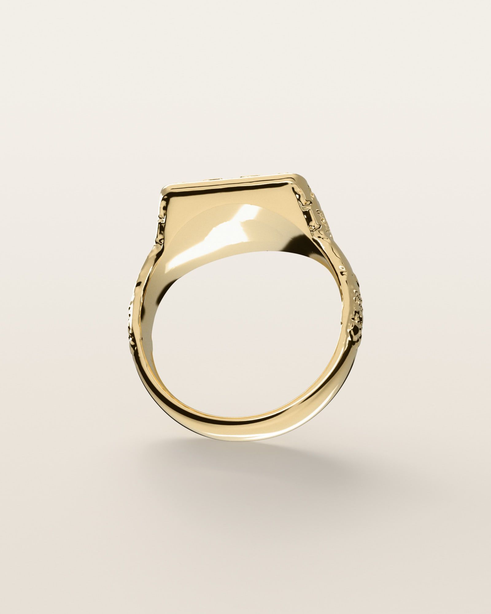 No. 432 Signet L nugget ring, underside, the inside of the band, 14K yellow gold, rendered from the production 3D file