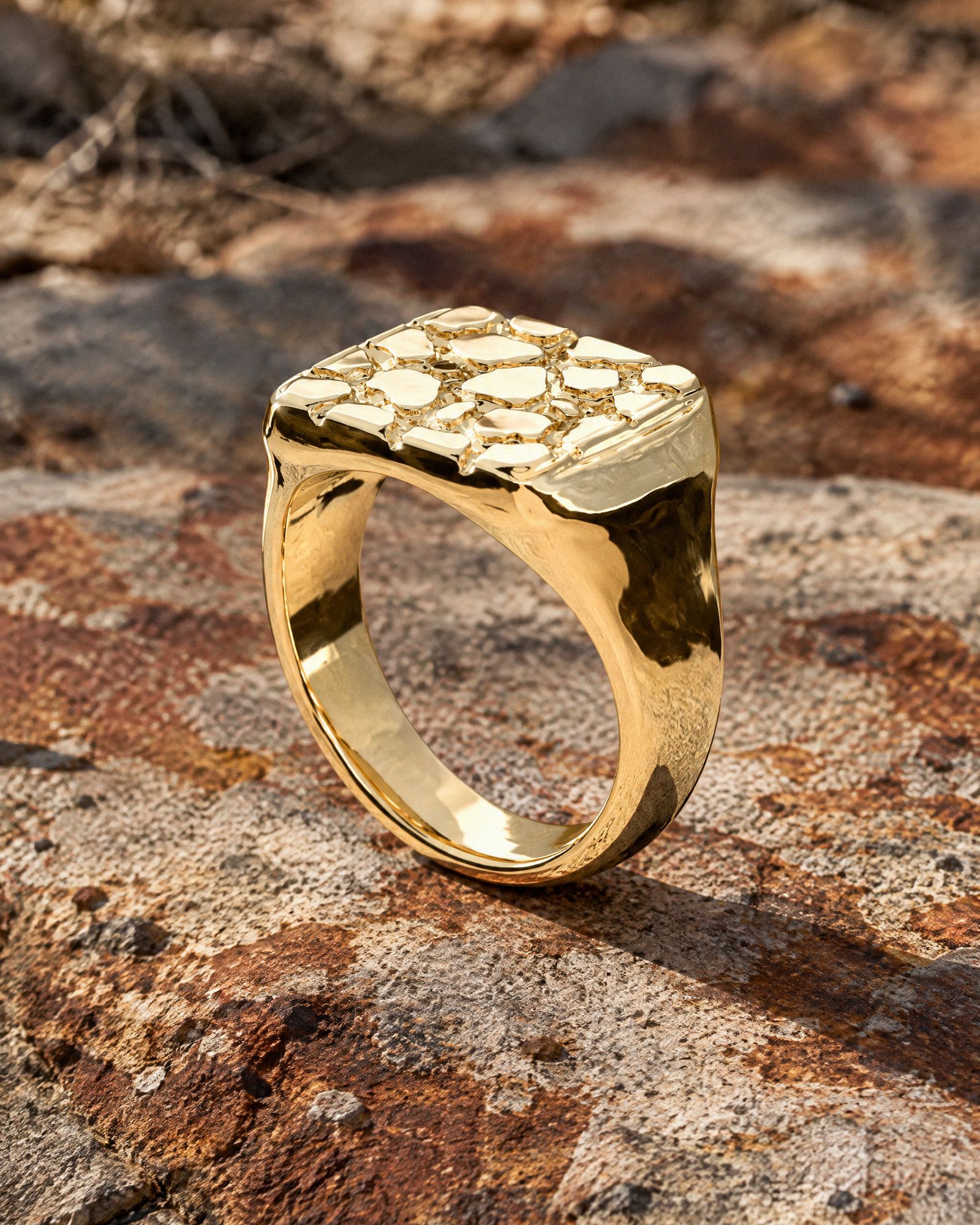 No. 401 Signet L nugget ring, still life on dark rock, 14K yellow gold