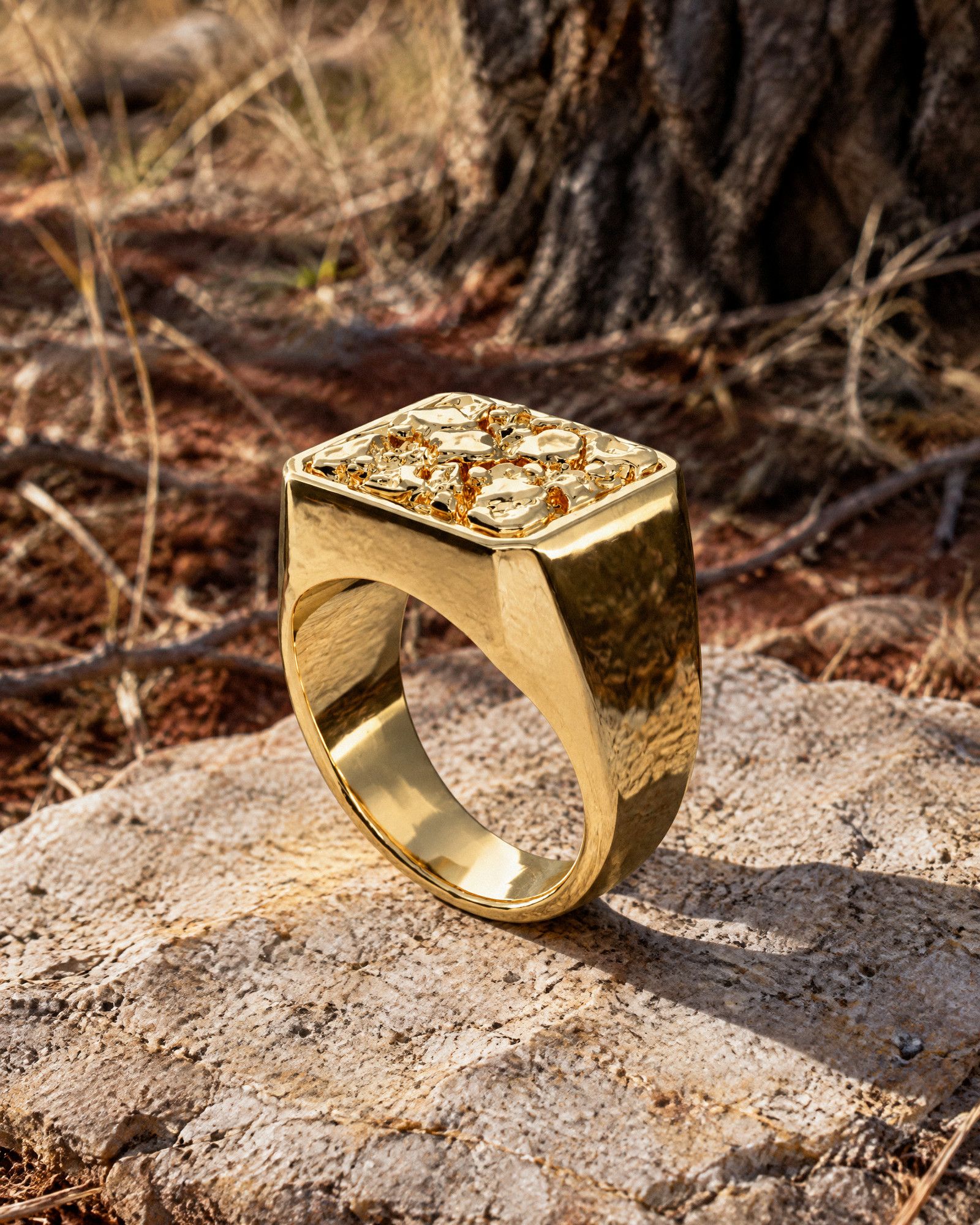 No. 501 Anvil nugget ring, still life, 14K yellow gold