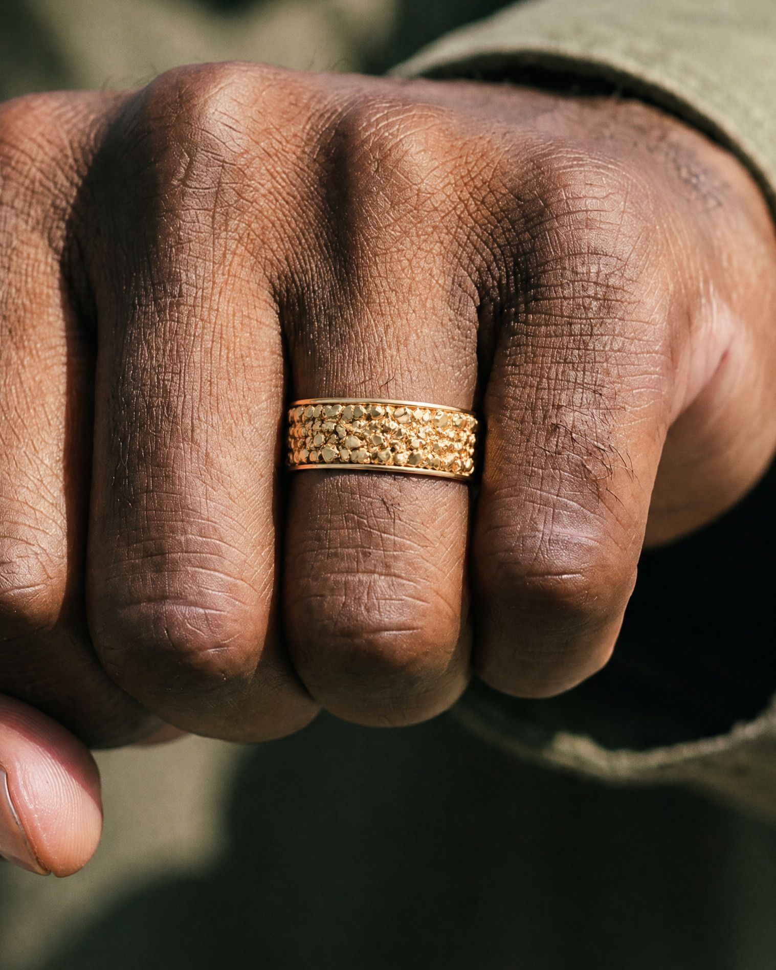No. 508 Placer nugget ring, worn on the hand, 14K yellow gold