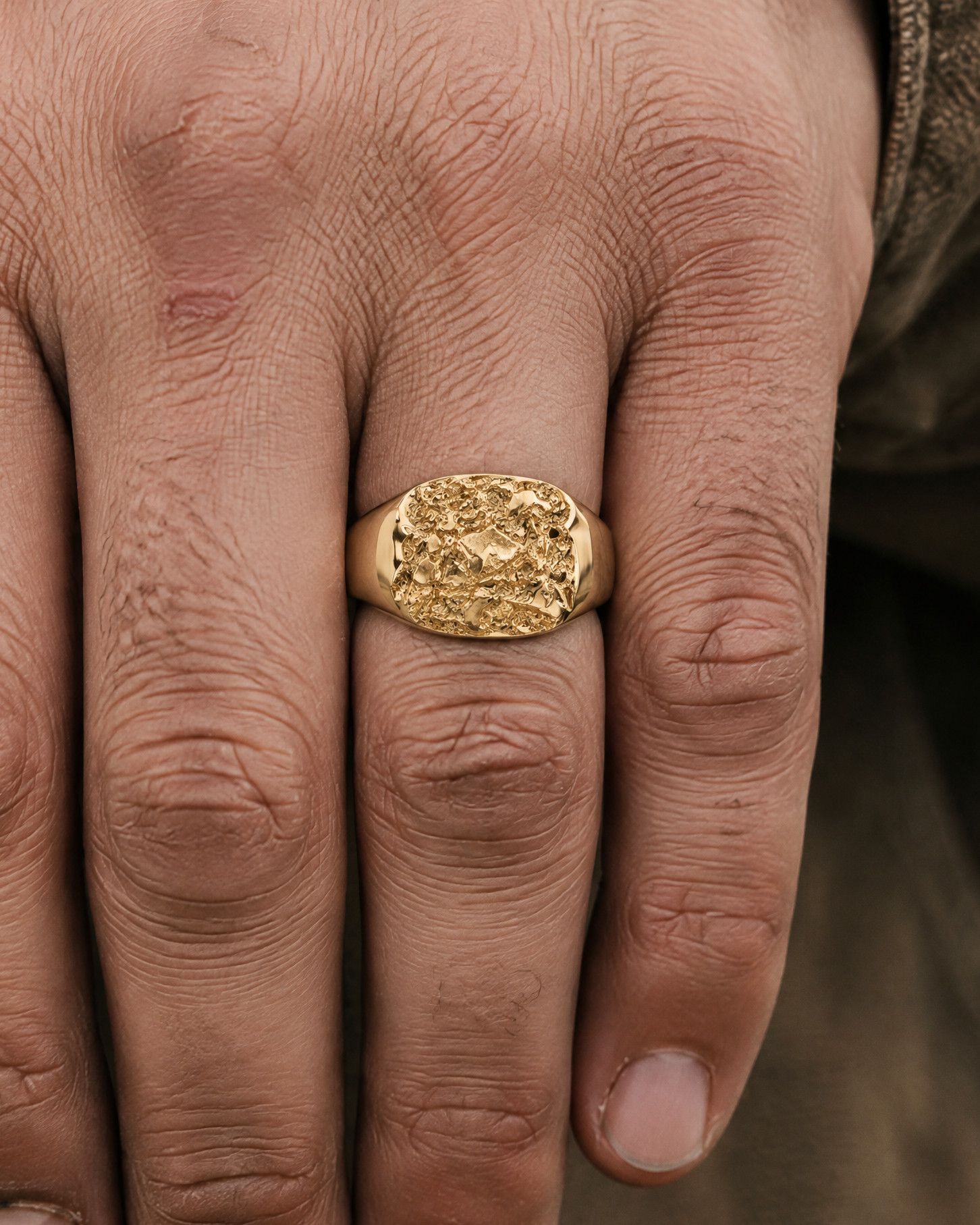 No. 014 The Block nugget ring, worn on the hand, 14K yellow gold