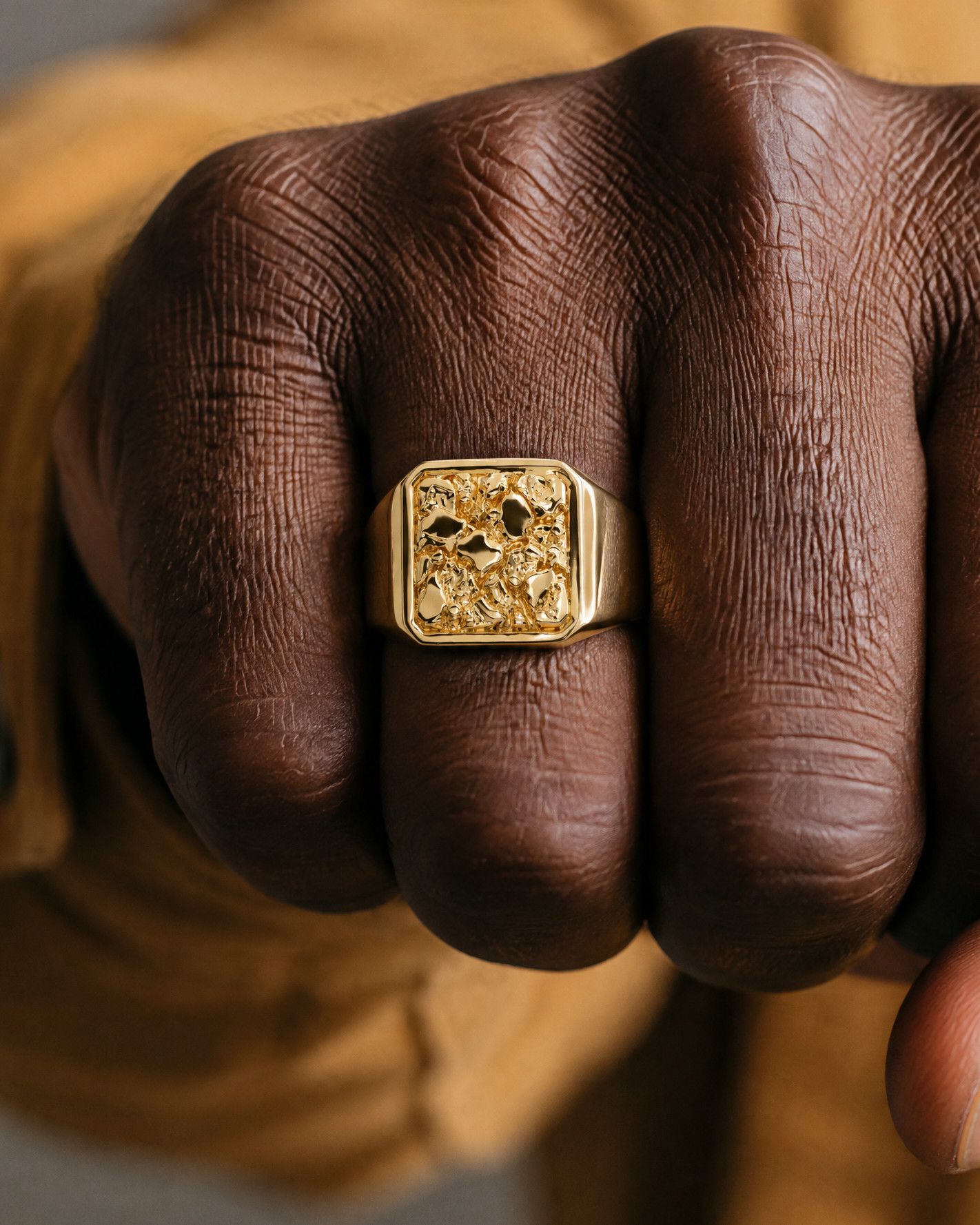 No. 501 Anvil nugget ring, worn on the hand, 14K yellow gold