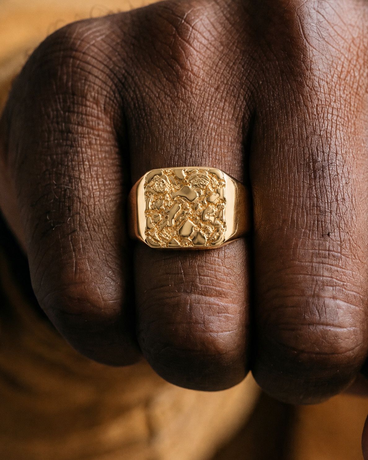 No. 502 Bullion nugget ring, worn on the hand, 14K yellow gold